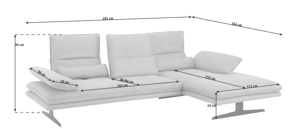 ECKSOFA in Flachgewebe Hellbraun  - Hellbraun/Edelstahlfarben, Design, Textil/Metall (291/164cm) - Chilliano