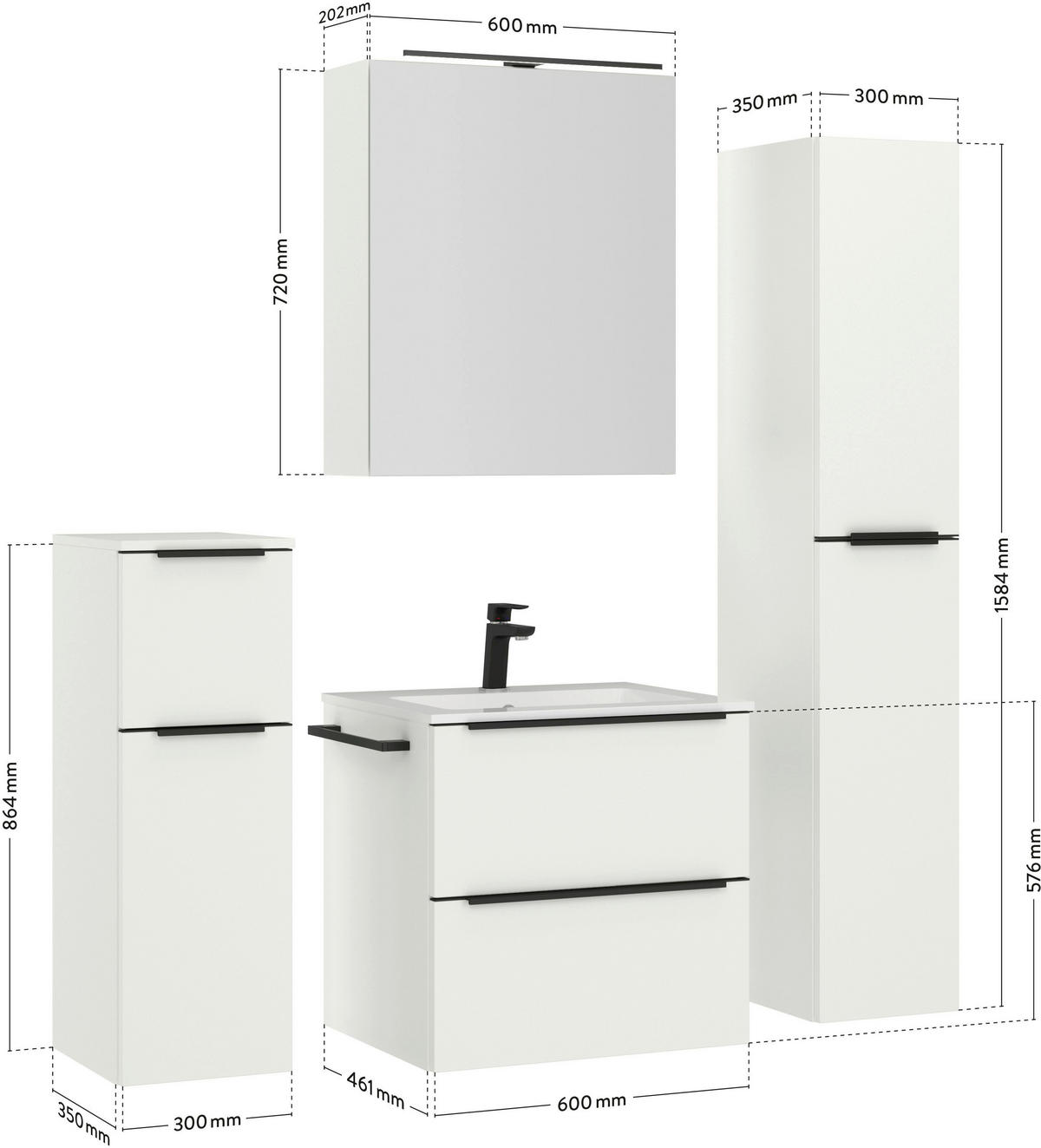 BADEZIMMER 5-teilig  in 121 cm  - Schwarz/Weiß, MODERN, Holzwerkstoff/Stein (121cm) - Nobilia