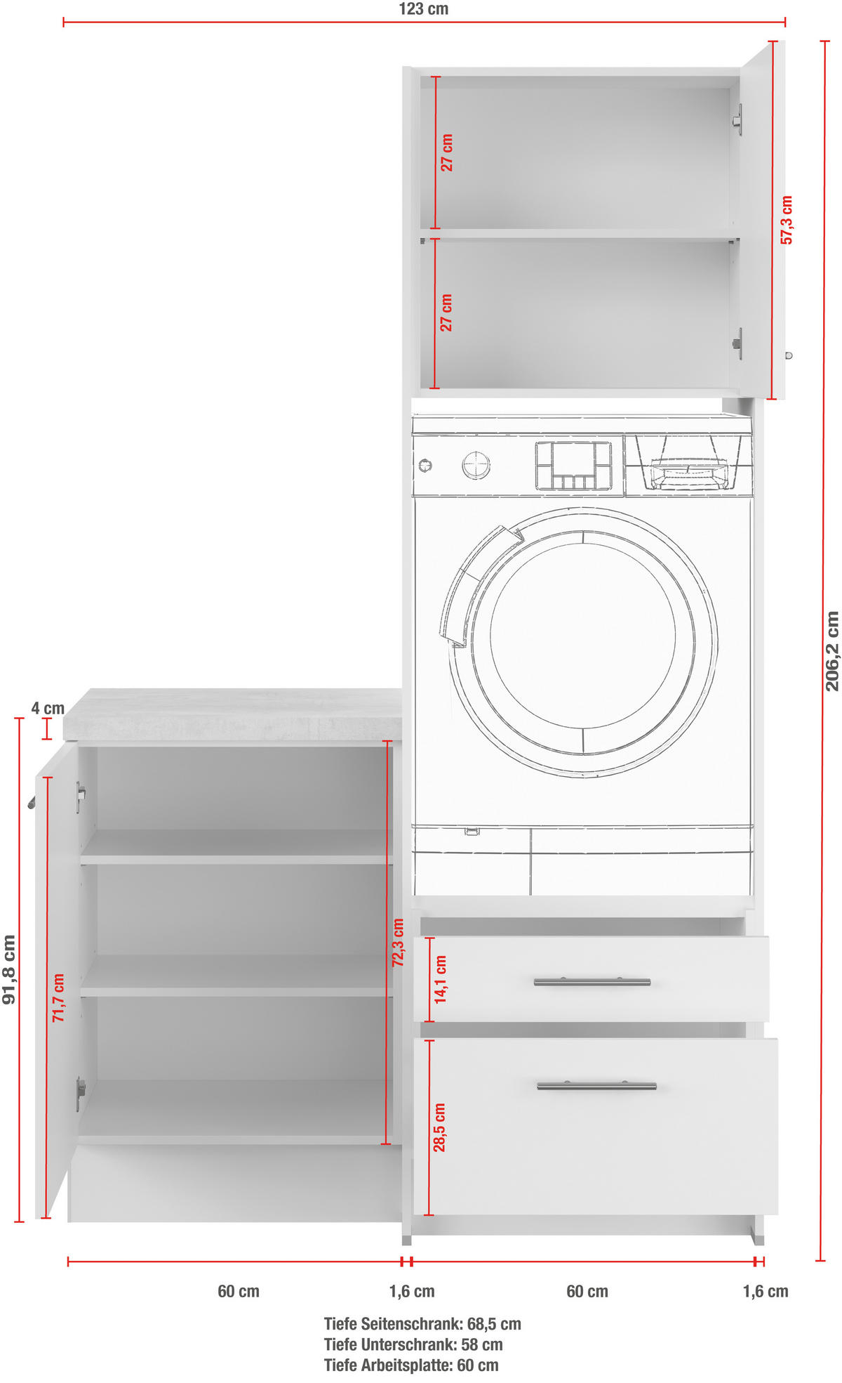 WASCHMASCHINENSCHRANK 123/206,2/58 cm Hellgrau  - Hellgrau/Schwarz, Basics, Holzwerkstoff/Metall (123/206,2/58cm) - Impuls