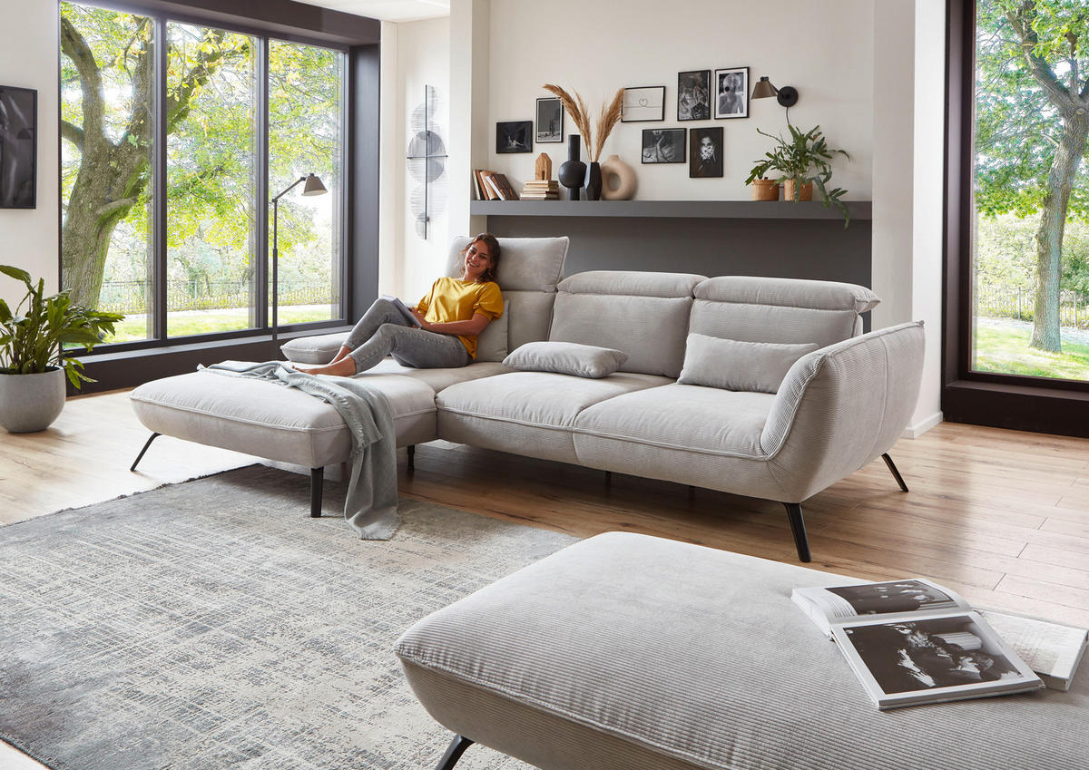 ECKSOFA Hellgrau Cord  - Hellgrau/Schwarz, Design, Textil/Metall (196/301cm) - Moderano