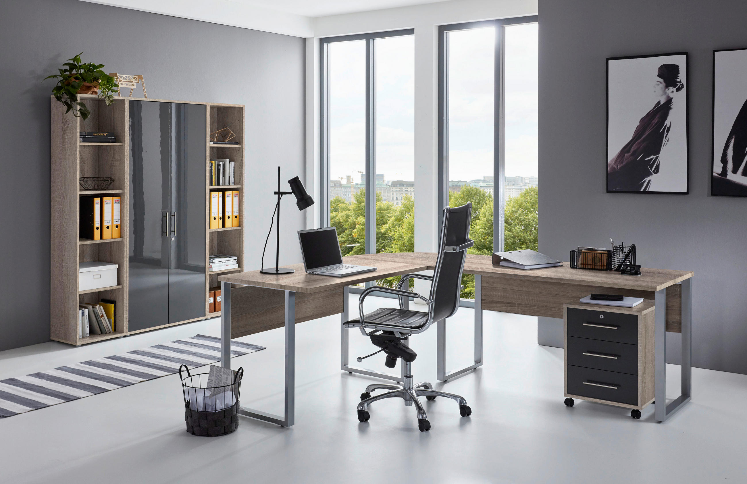 BÜRO erweiterbar, in verschiedenen Holz-Dekoren erhältlich, Schreibtisch seitenverkehrt montierbar, abschließbar Sonoma Eiche, Anthrazit Hochglanz - Anthrazit Hochglanz/Sonoma Eiche, MODERN, Holzwerkstoff - MID.YOU