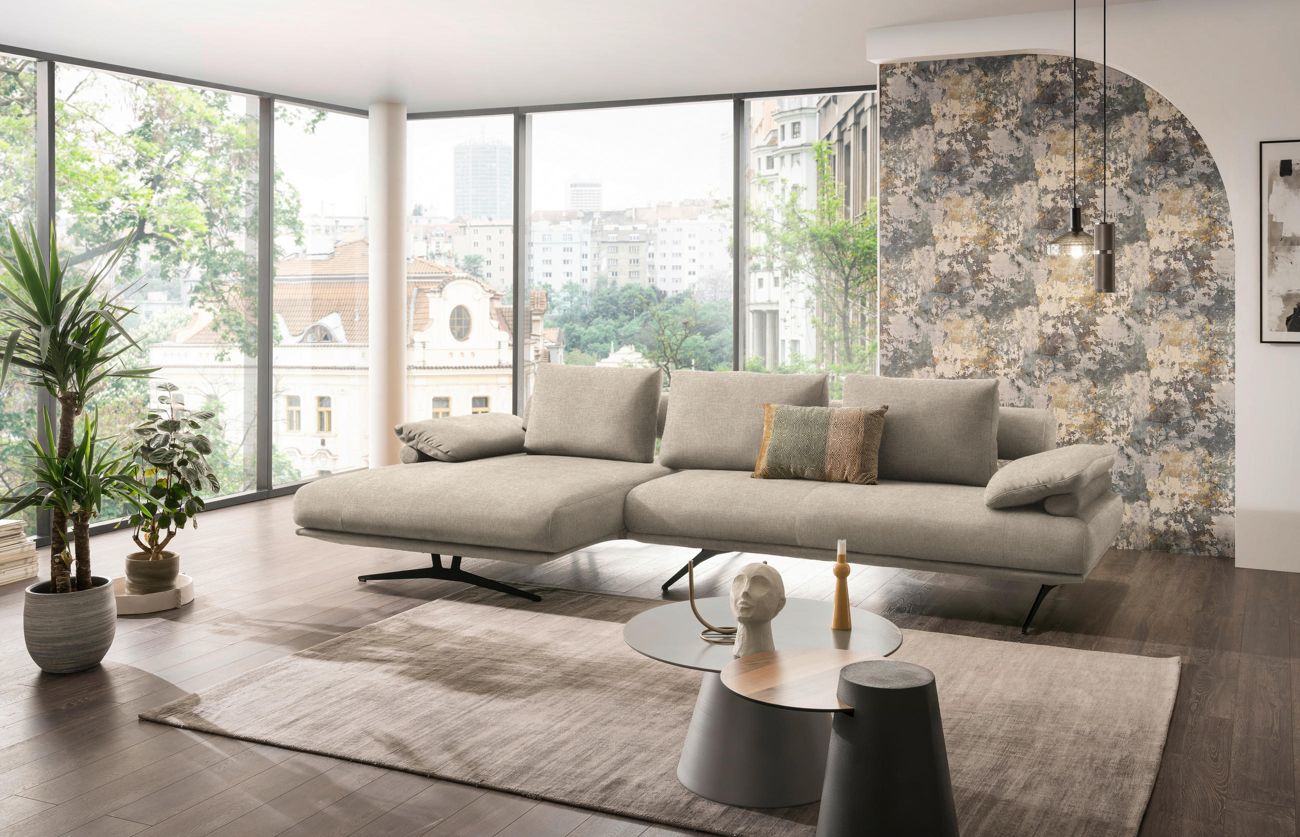 ECKSOFA in Chenille Beige  - Beige/Schwarz, Design, Textil/Metall (334/168cm) - Dieter Knoll