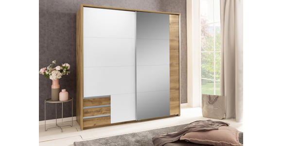 SCHWEBETÜRENSCHRANK in Weiß, Plankeneiche - Plankeneiche/Alufarben, Design, Glas/Holzwerkstoff (179/198/64cm) - Carryhome