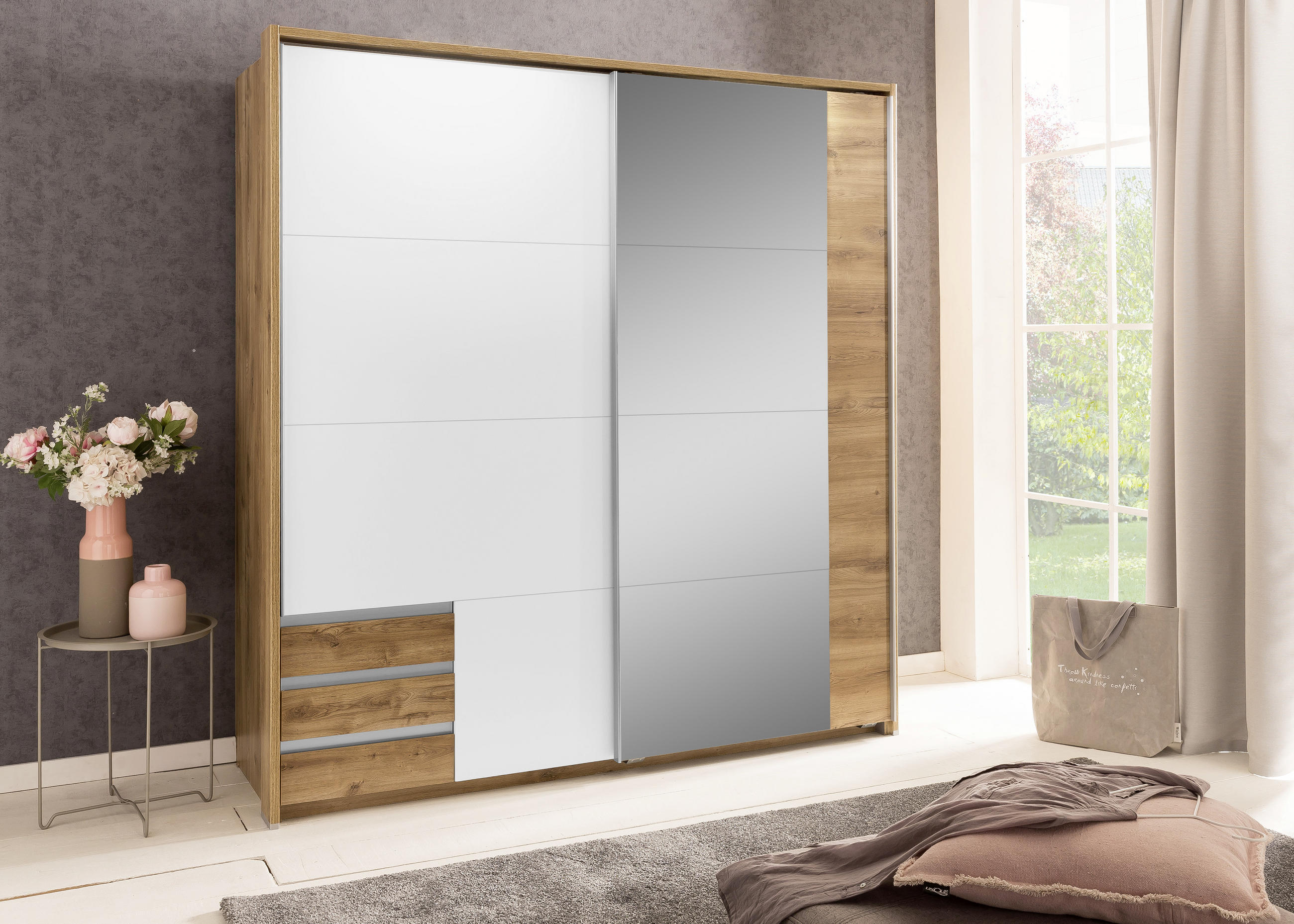 SCHWEBETÜRENSCHRANK 179/198/64 cm 2-türig Weiß, Plankeneiche  - Plankeneiche/Alufarben, Design, Glas/Holzwerkstoff (179/198/64cm) - Boxxx
