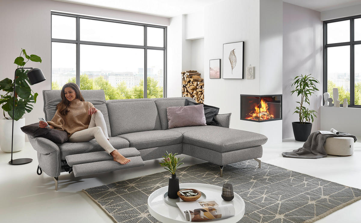 ECKSOFA in Chenille Grau, Weiss  - Weiss/Grau, Modern, Textil/Metall (233/179cm) - Livetastic