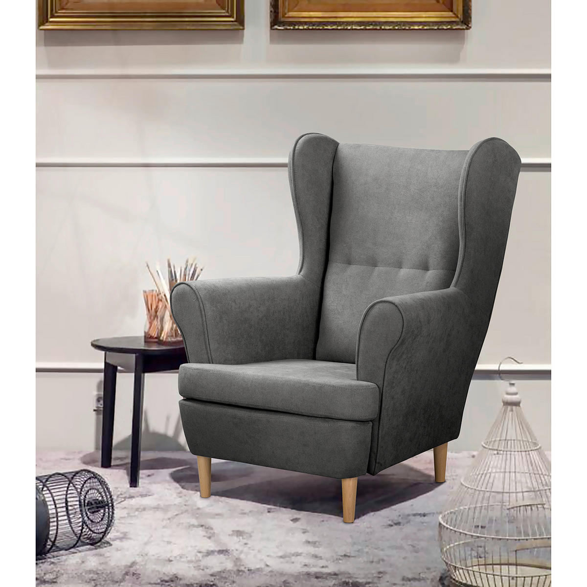 OHRENSESSEL Scandi Mikrofaser Dunkelgrau  - Dunkelgrau/Naturfarben, Design, Holz/Textil (87/105/90cm) - Livetastic