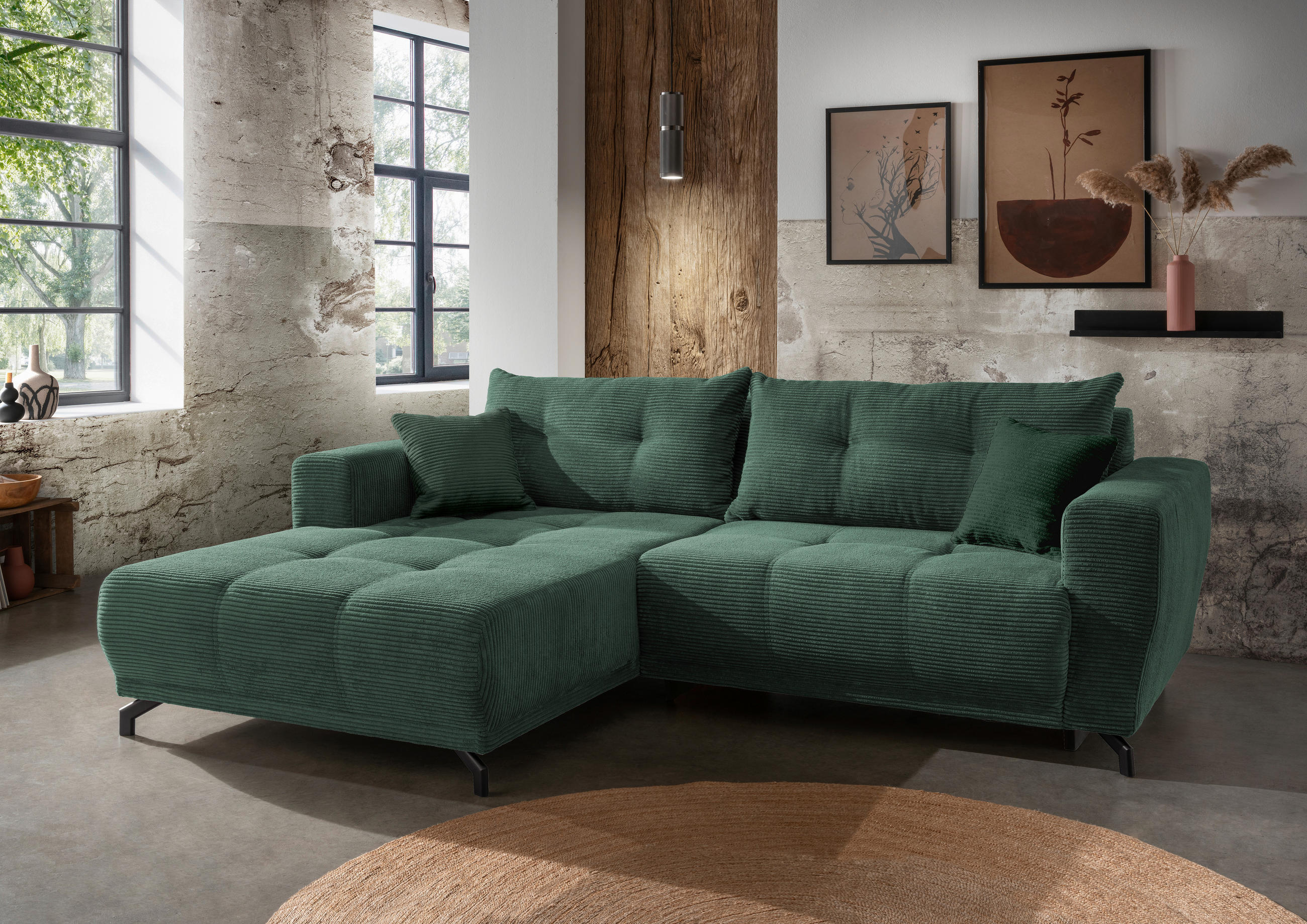 ECKSOFA in Cord Dunkelgrün  177/246 cm  - Dunkelgrün/Schwarz, MODERN, Holz/Textil (177/246cm) - MID.YOU