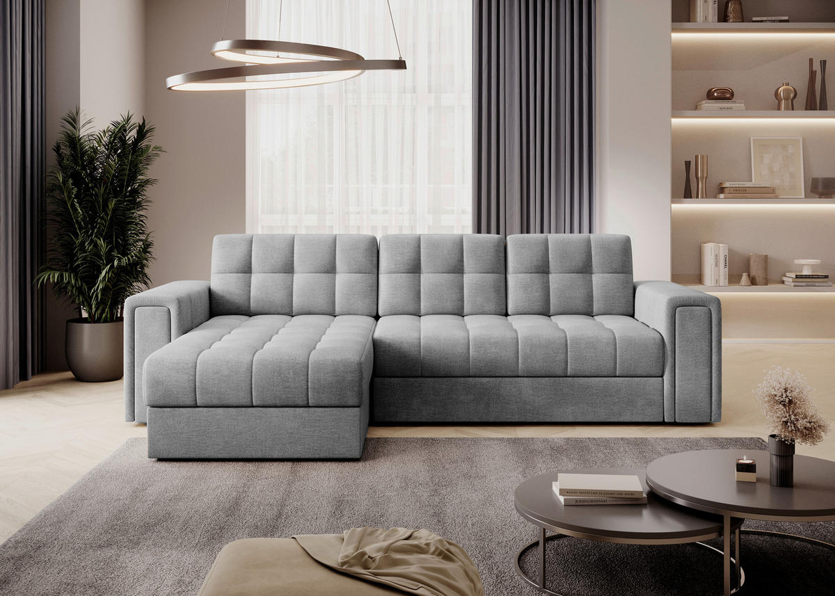 ECKSOFA Samt Hellgrau  - Hellgrau/Schwarz, Design, Kunststoff/Textil (260/150cm) - MID.YOU