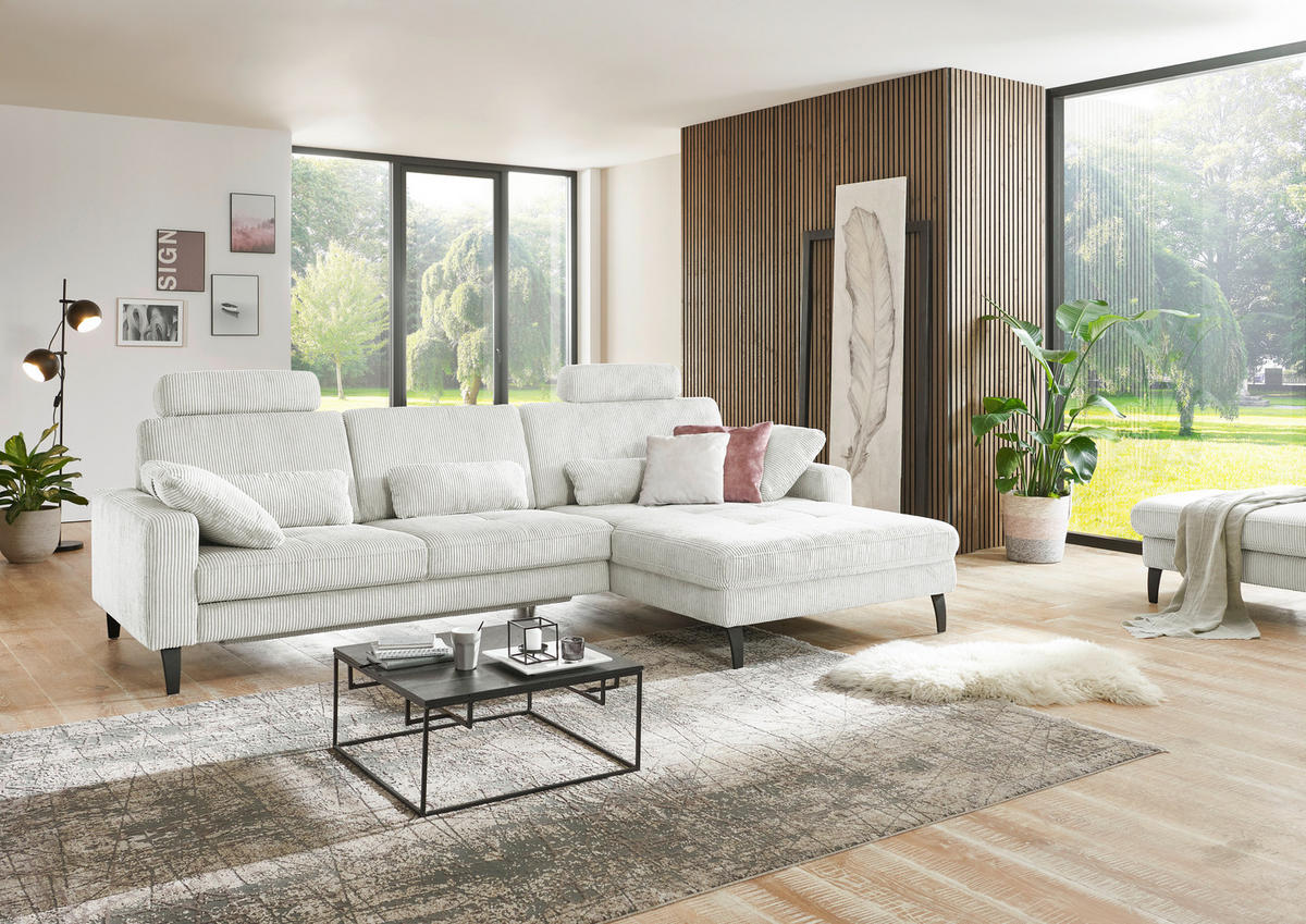 ECKSOFA in Cord Creme  - Creme/Schwarz, Modern, Textil/Metall (302/177cm) - Beldomo Style