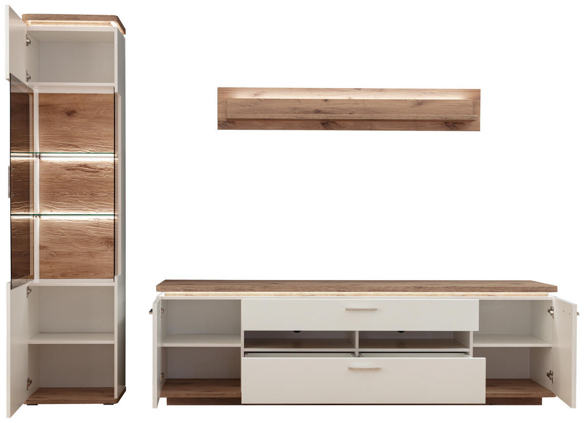 WOHNWAND  in Weiss, Eichefarben 270/208/50 cm  - Weiss/Eichefarben, Design, Glas/Holzwerkstoff (270/208/50cm) - Livetastic