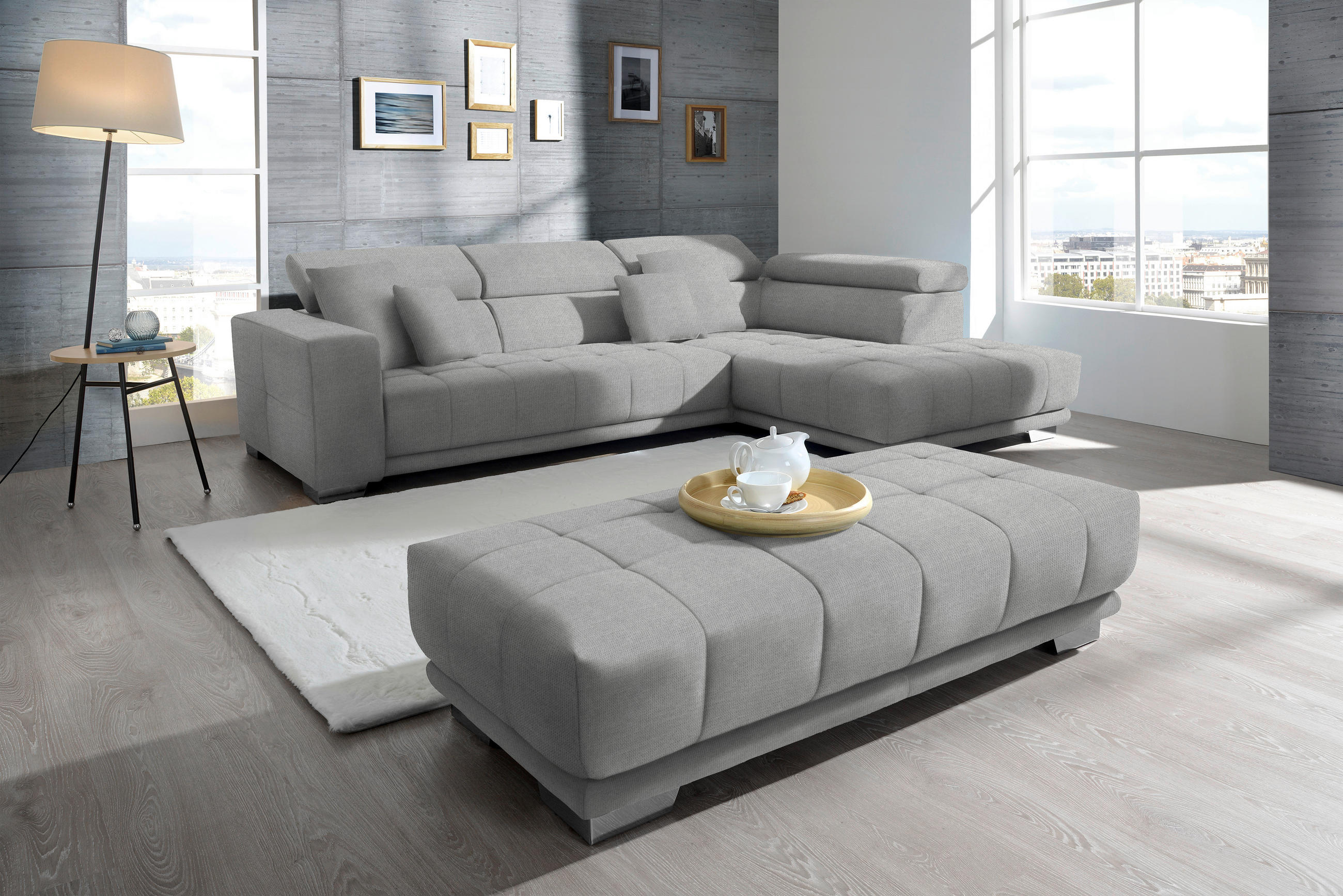 ECKSOFA in Mikrofaser Hellgrau  - Chromfarben/Hellgrau, Design, Textil/Metall (301/207cm) - Xora