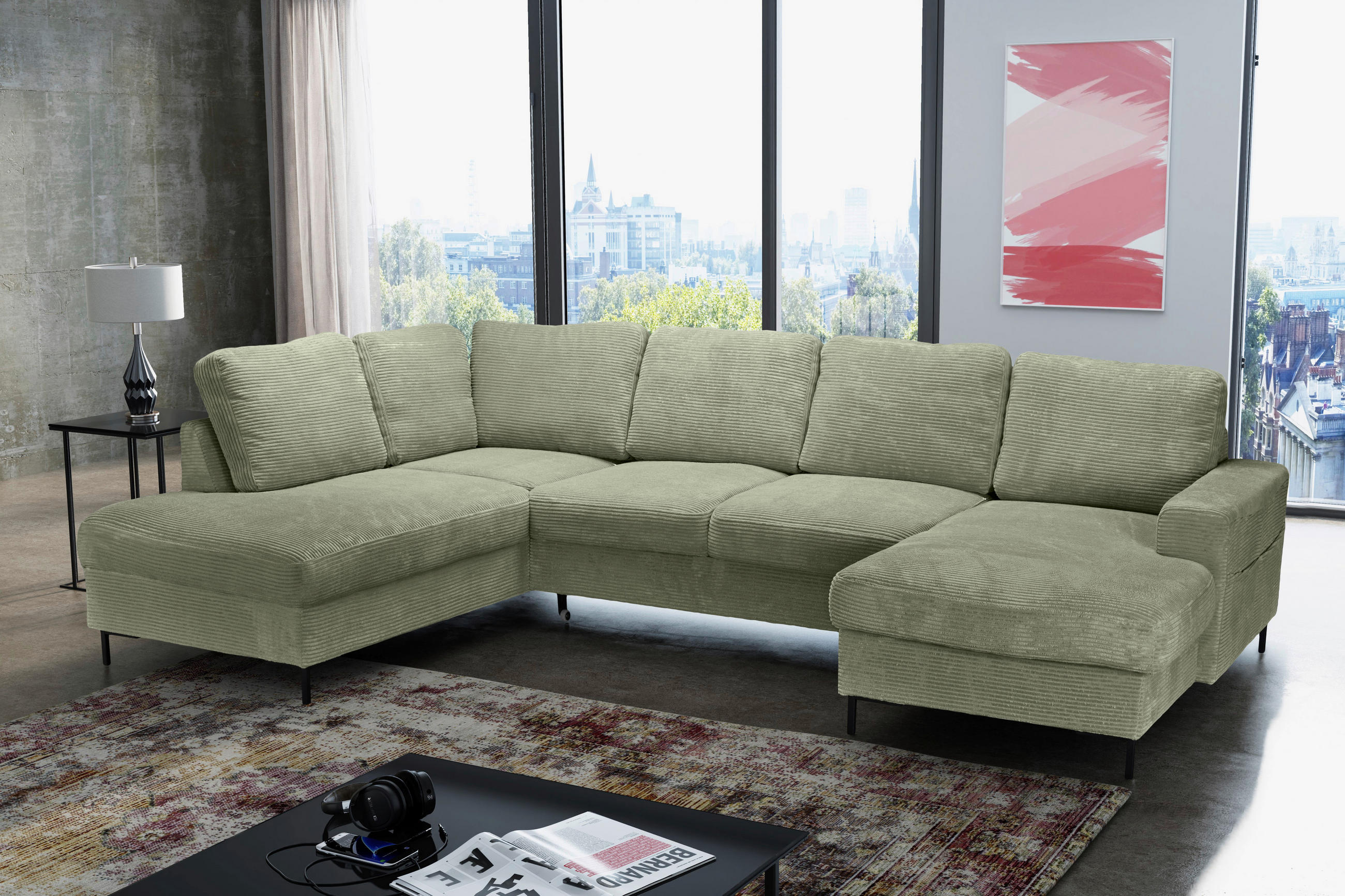 WOHNLANDSCHAFT Olivgrün Cord  - Schwarz/Olivgrün, KONVENTIONELL, Textil/Metall (197/303/148cm) - Carryhome