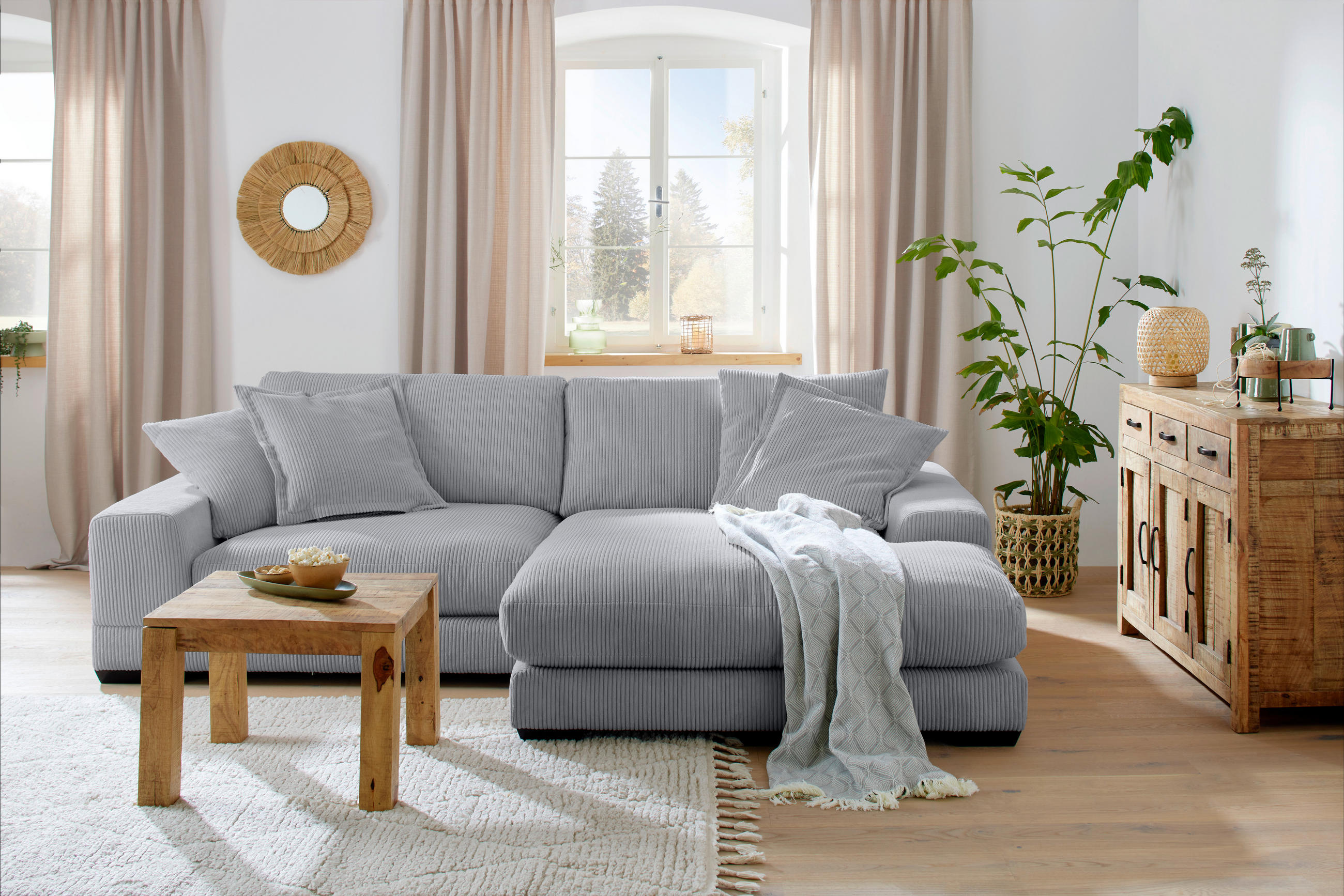 HÖRNSOFFA i manchester ljusgrå  - beige/vit, Romantik / Lanthus, trä/textil (280/190cm) - MID.YOU