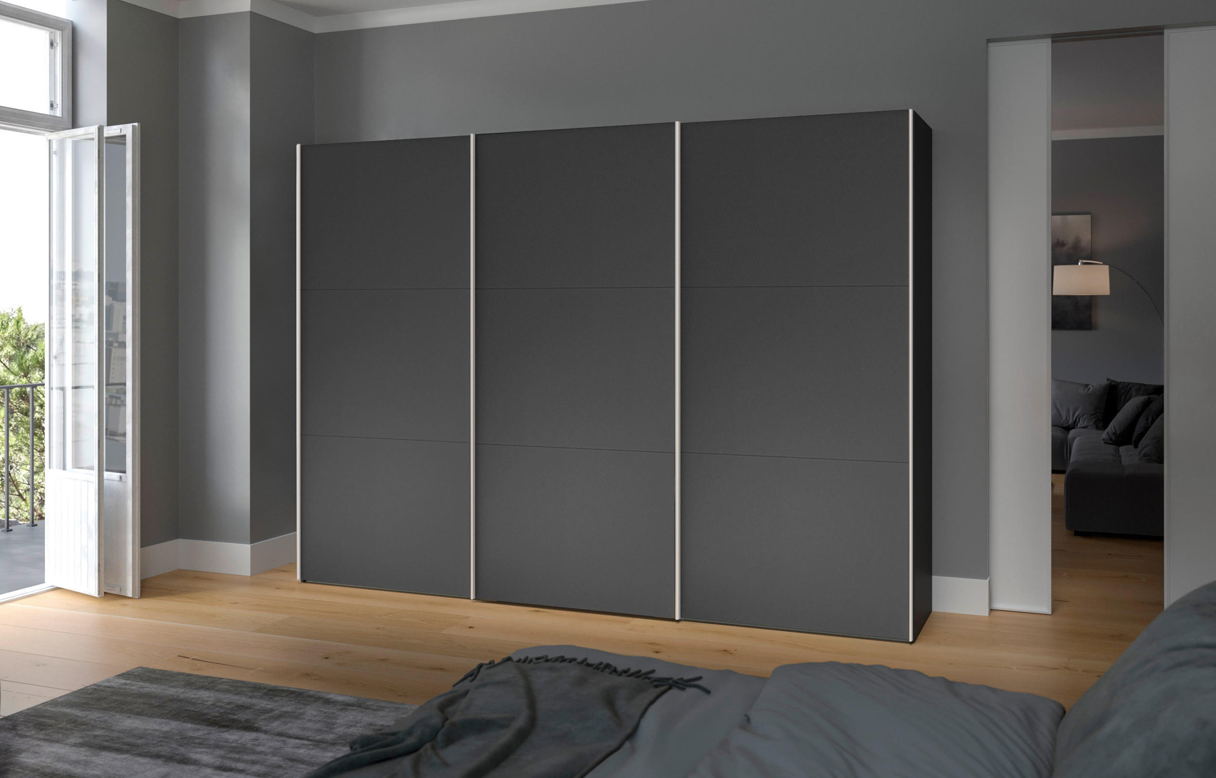 SCHWEBETÜRENSCHRANK 303/195/65 cm 3-türig Anthrazit, Schwarz  - Edelstahlfarben/Anthrazit, Design, Holzwerkstoff (303/195/65cm) - Boxxx