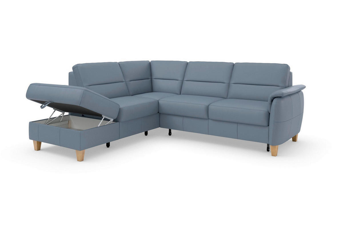 ECKSOFA PALMERA E Graublau Kombination Echtleder/Stoff Mikrofaser Stauraum  - Graublau/Eichefarben, Basics, Leder/Holz (212/236cm) - Sit & More