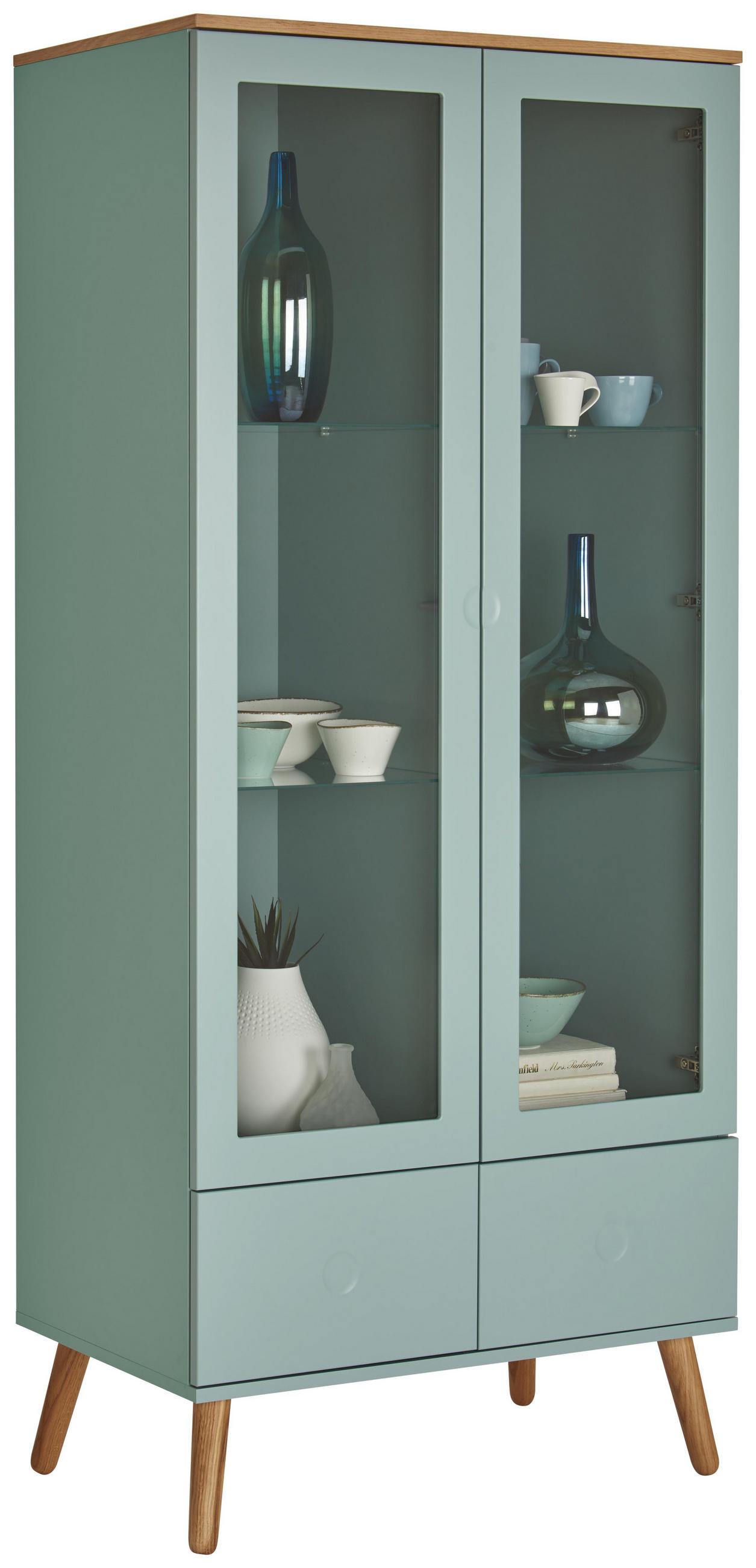 Vitrine in furniert, massiv Eiche Eichefarben, Pastellgrün