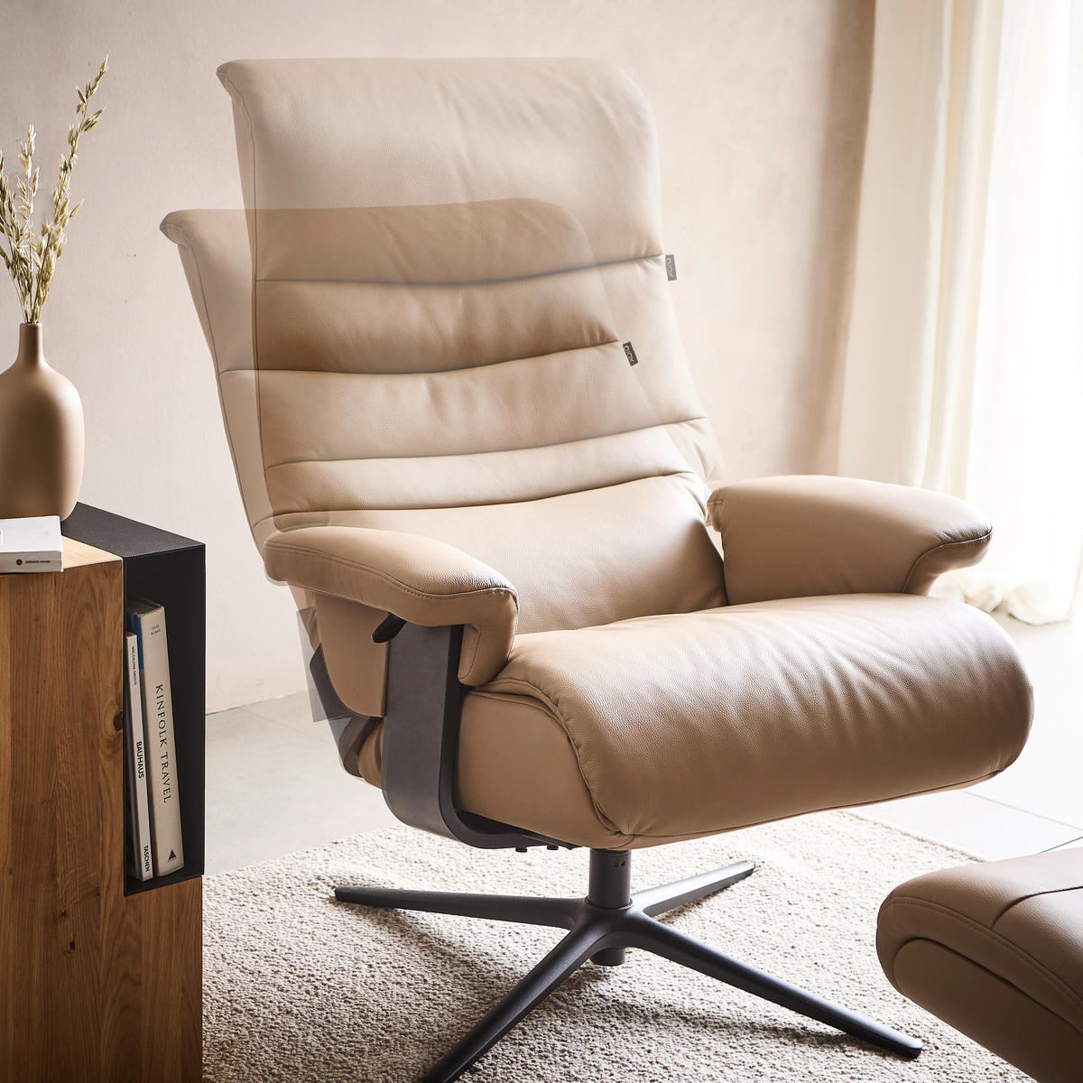 RELAXSESSELSET Lederlook Kombination Echtleder/Lederlook Relaxfunktion, Hocker    - Taupe/Schwarz, Design, Leder/Textil (78/111/81cm) - Xora