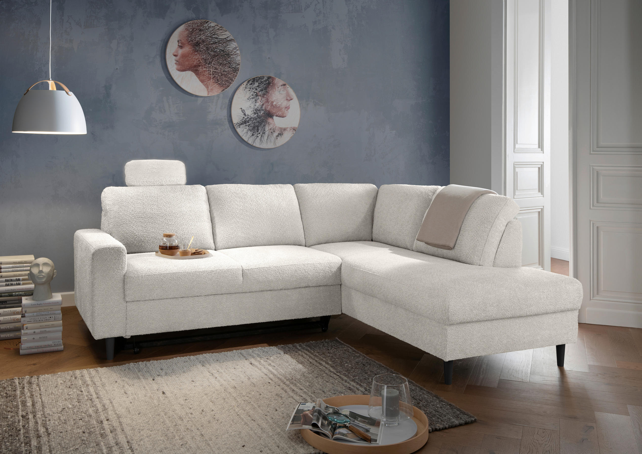 ECKSCHLAFSOFA in Weiss Textil   - Weiss/Schwarz, Modern, Holz/Textil (242/200cm) - Livetastic