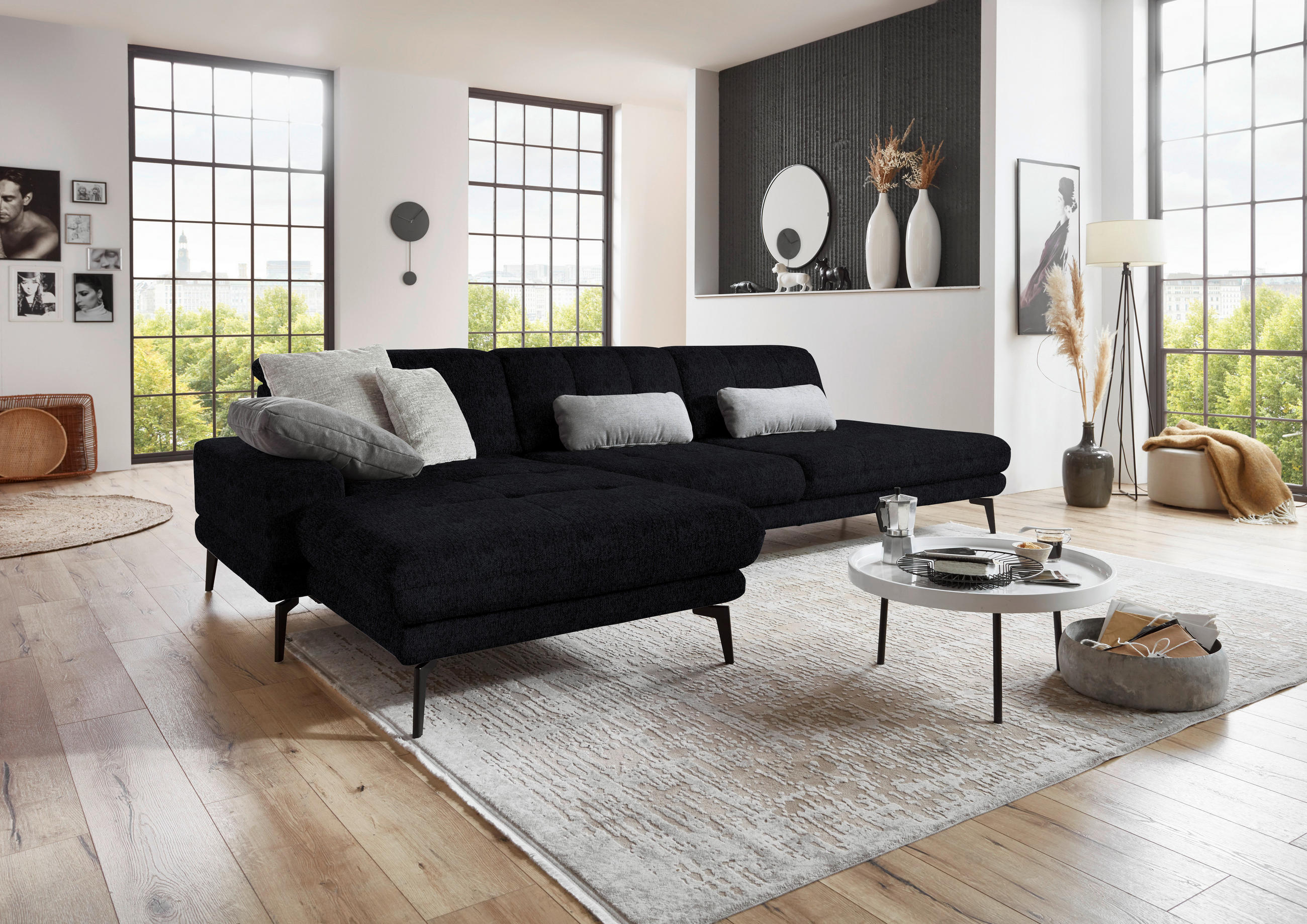 ECKSOFA in Flachgewebe Dunkelblau  - Schwarz/Dunkelblau, Design, Textil/Metall (190/309cm) - Beldomo Style