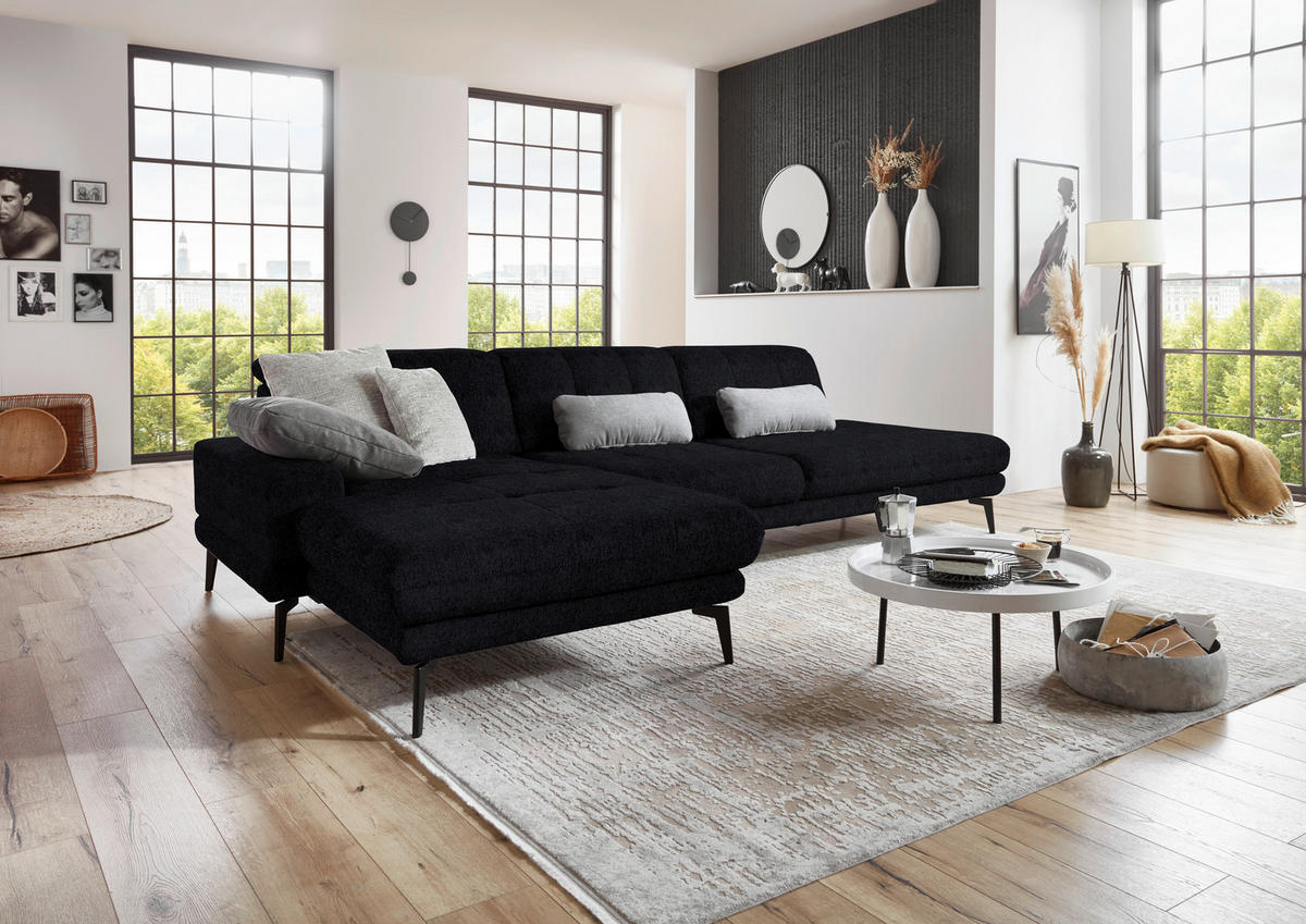 ECKSOFA in Flachgewebe Dunkelblau  - Schwarz/Dunkelblau, Design, Textil/Metall (190/309cm) - Beldomo Style