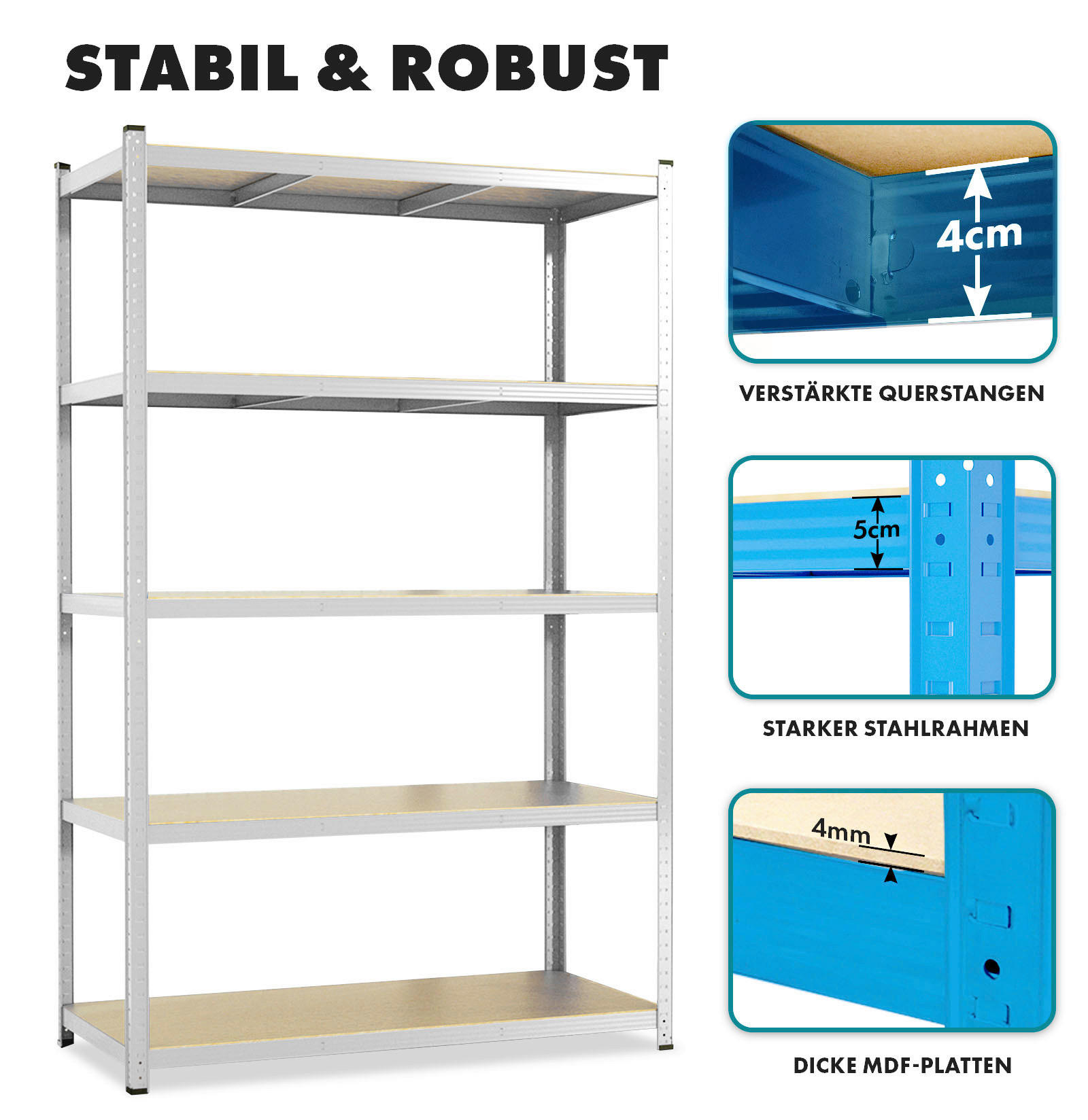 SCHWERLASTREGALSET Lakota - Silberfarben, Basics, Holzwerkstoff/Metall (120/200/60cm) - Floordirekt