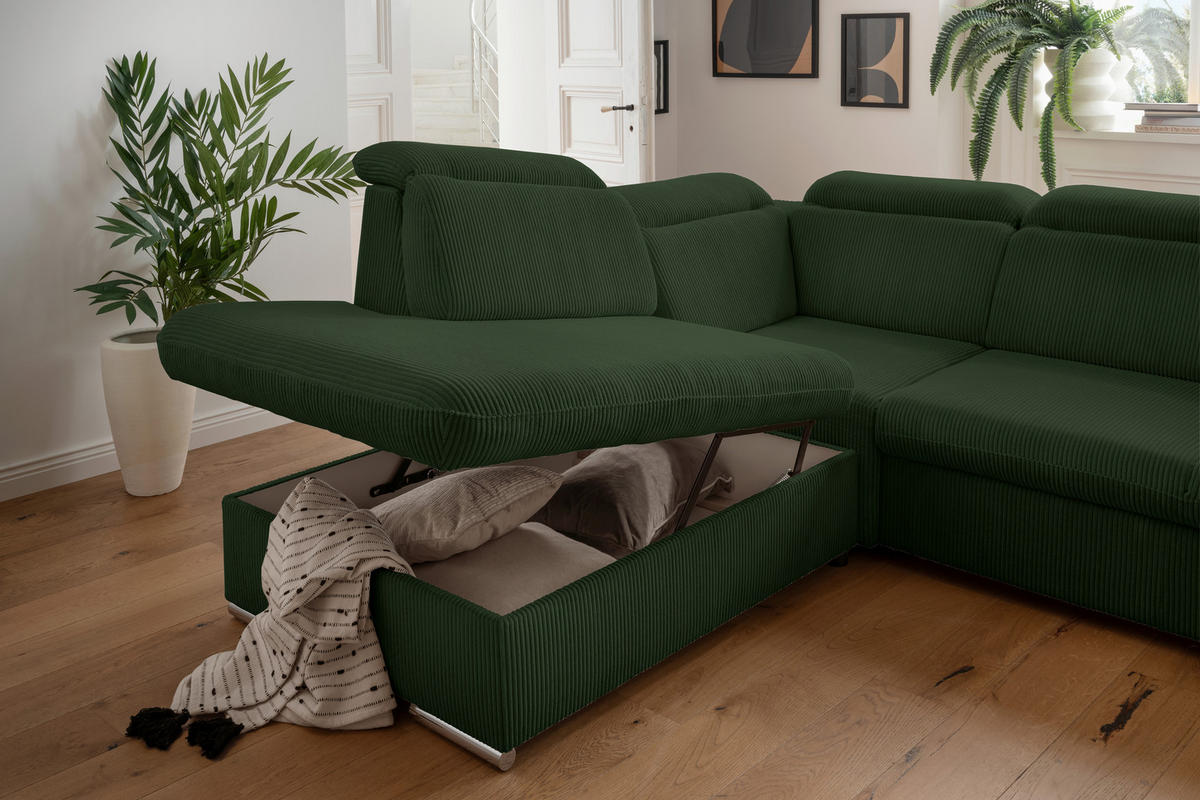 ECKSOFA in Cord Dunkelgrün  - Chromfarben/Dunkelgrün, Design, Textil/Metall (228/283cm) - Livetastic