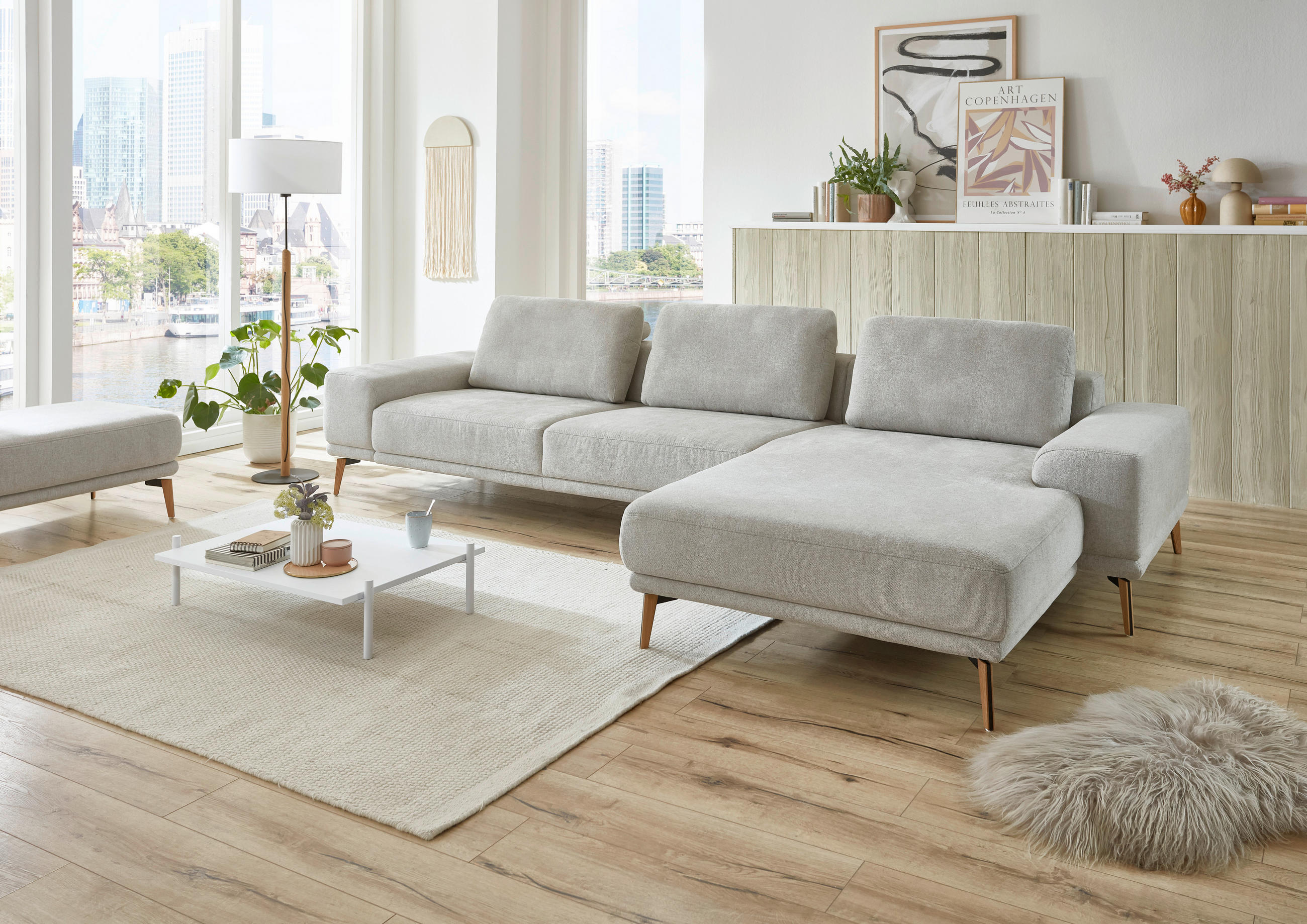 HÖRNSOFFA i flatväv ecru  - skogsek/ecru, Design, metall/trä (334/193cm) - Beldomo Comfort