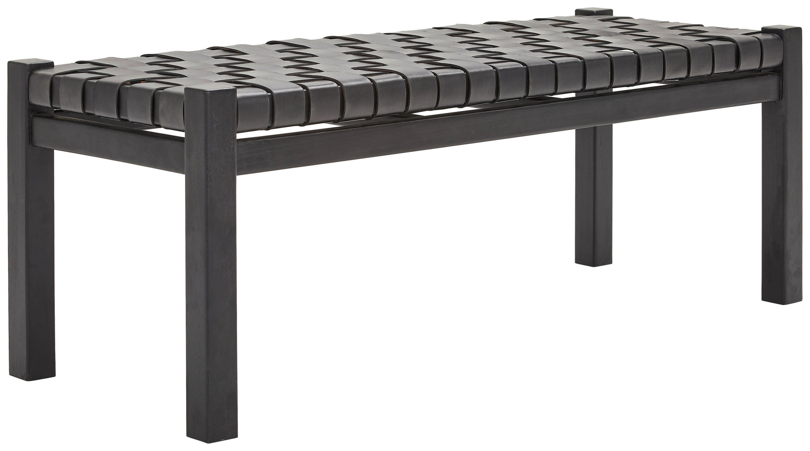 HOCKERBANK 120/45/43 cm Echtleder Schwarz Teakholz massiv  - Schwarz, Basics, Leder/Holz (120/45/43cm) - MID.YOU