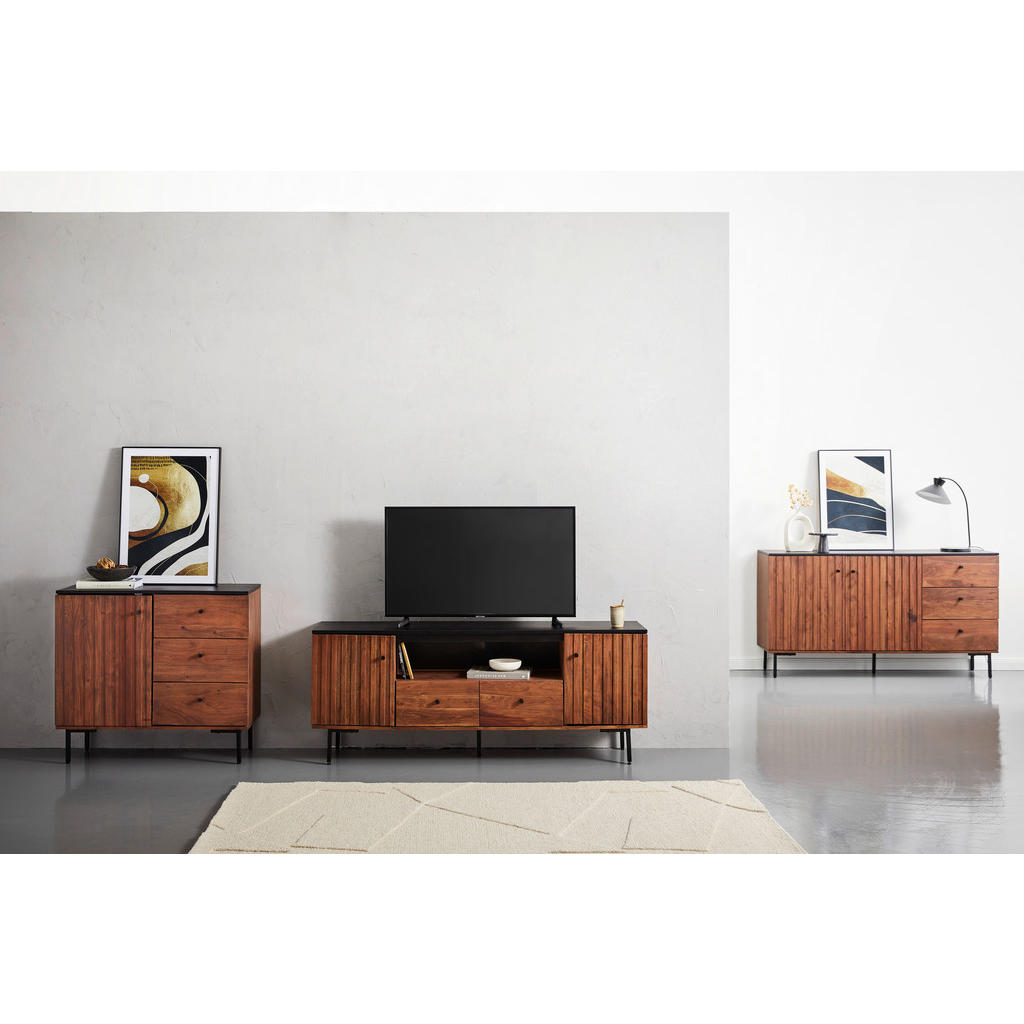 Thumbnail - Mid.you Sideboard, Schwarz, Walnuss, Metall, Akazie, massiv, 1 Fächer, 3 Schubladen, 155x85x40 cm, Holzmöbel, Kleinmöbel...