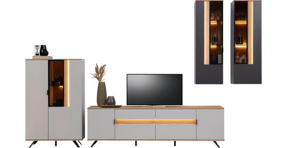 WOHNWAND  in Anthrazit, Eichefarben, Hellgrau  384,4/206/48 cm  - Eichefarben/Anthrazit, Design, Glas/Holz (384,4/206/48cm) - Dieter Knoll