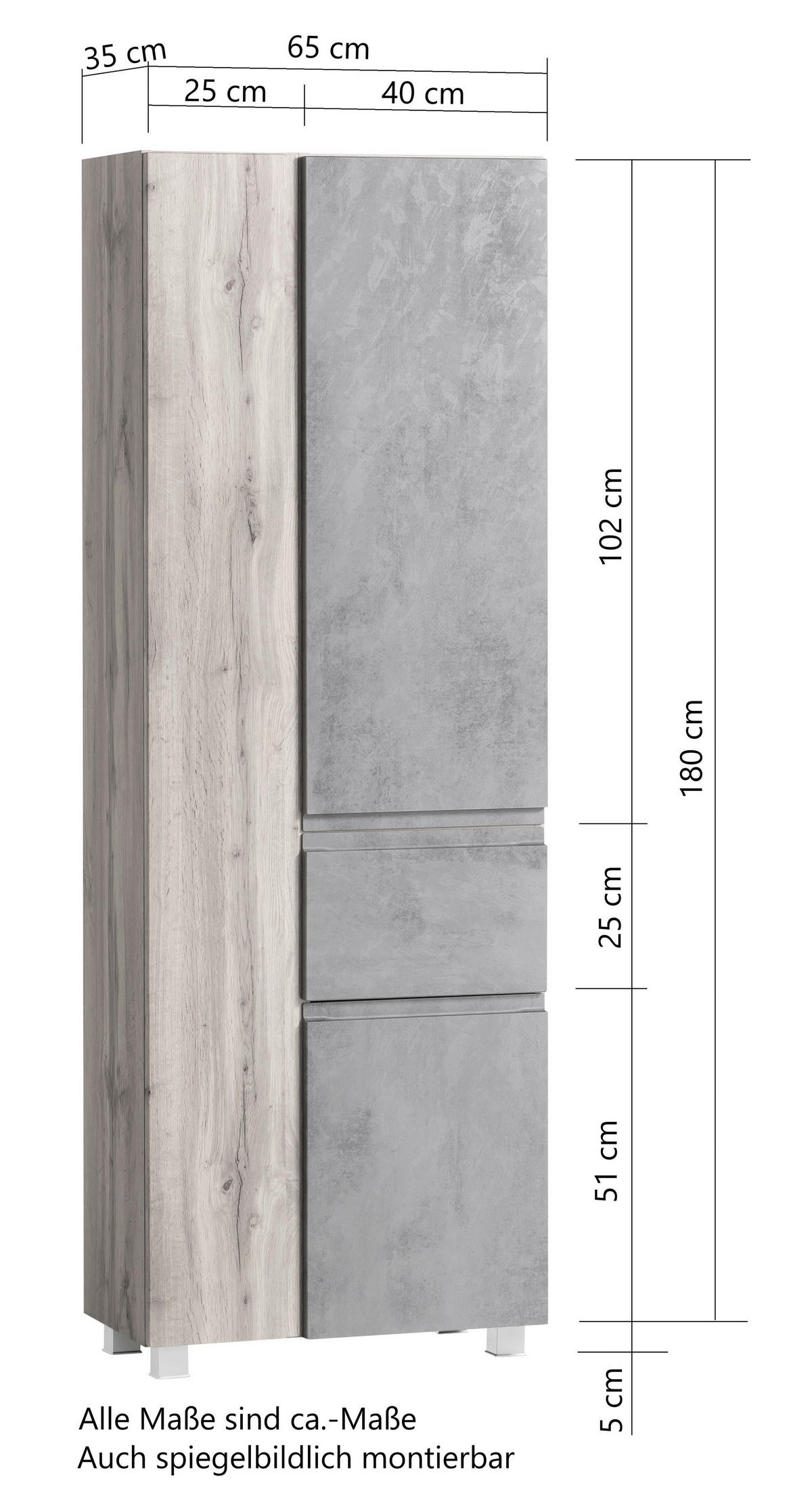 HOCHSCHRANK 65/180/35 cm  - Eiche Wotan/Hellgrau, Modern, Holzwerkstoff (65/180/35cm) - Held