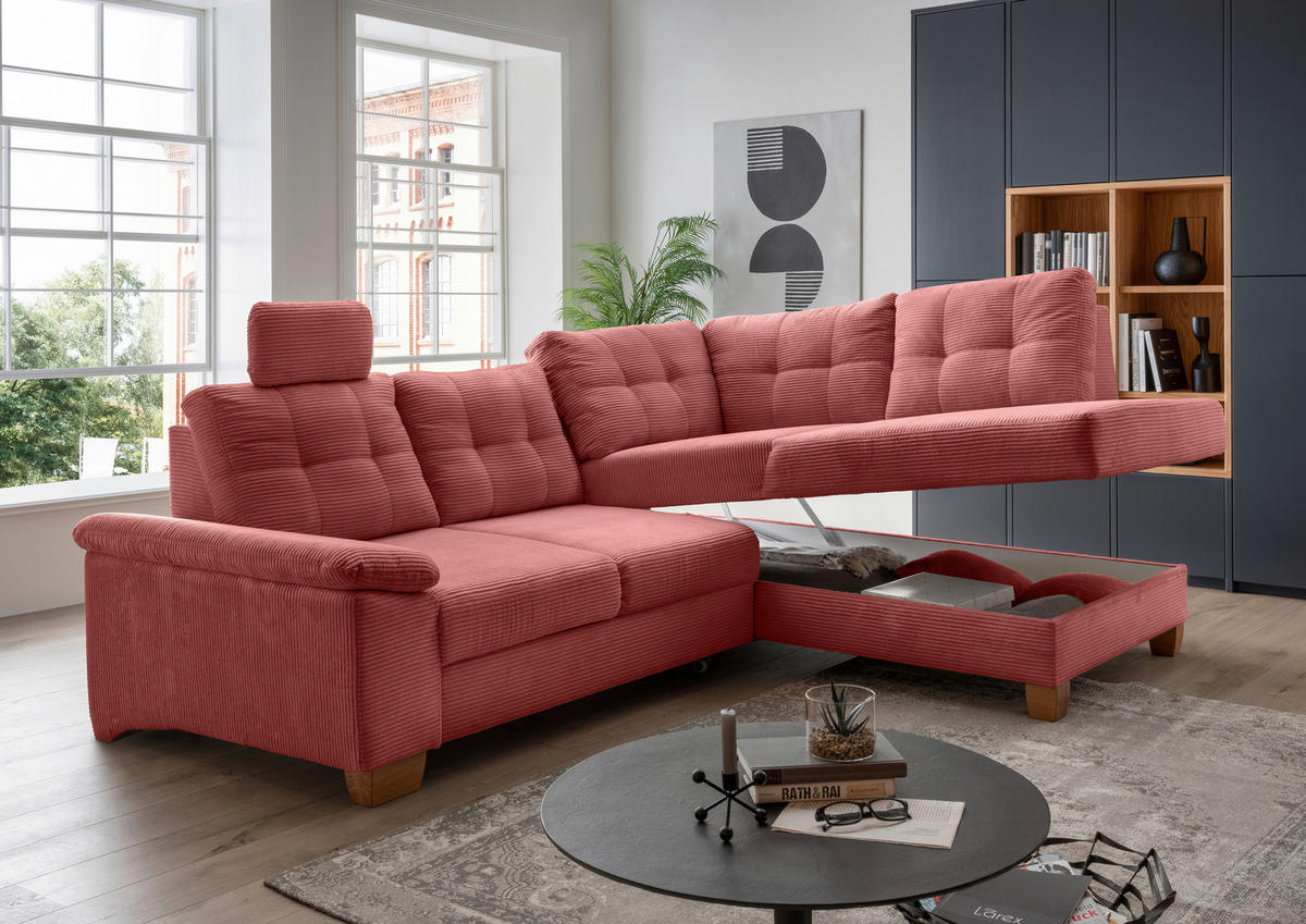 ECKSOFA in Cord Koralle  - Koralle/Naturfarben, Modern, Holz/Textil (274/206cm) - Livetastic