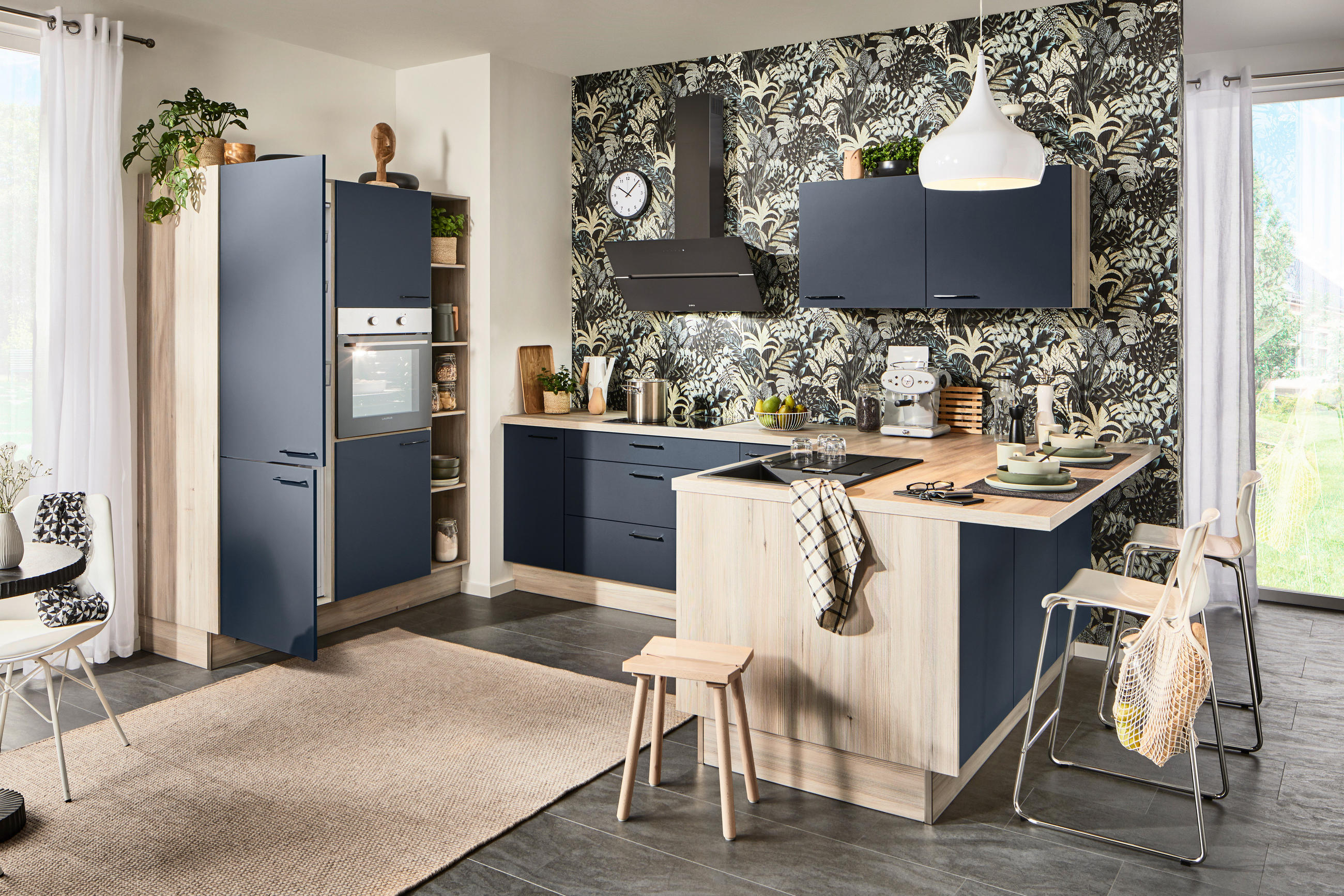 ECKKÜCHE  in Blau, Tannenholzfarben  - Blau/Tannenholzfarben, Design, Holzwerkstoff/Metall (150/280/121,6cm) - Xora