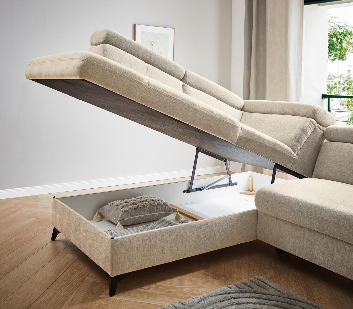 Ecksofa inkl. Funktionen in Chenille Naturfarben  - Schwarz/Naturfarben, Design, Textil/Metall (203/260cm) - Stylife