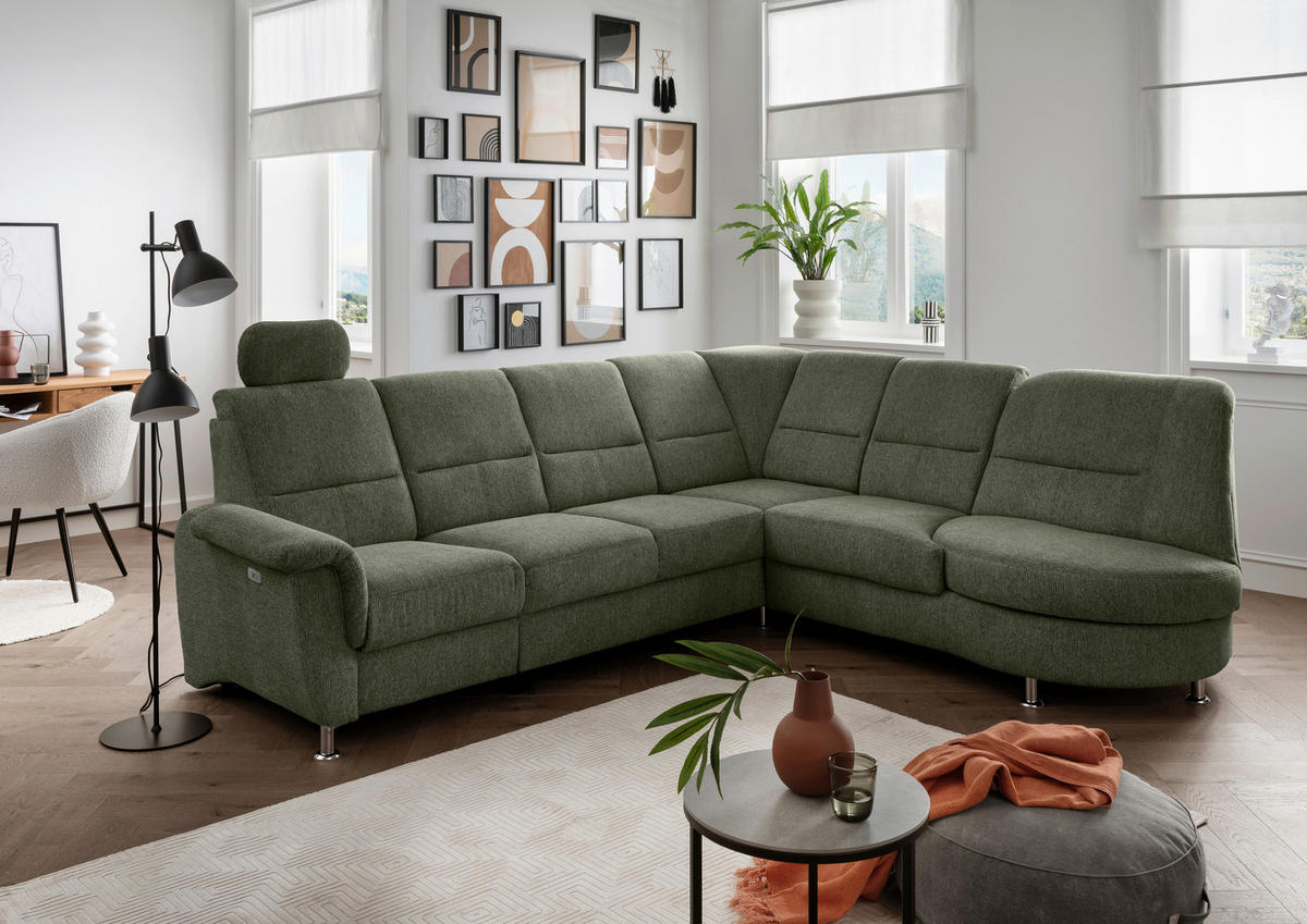 ECKSOFA in Chenille Dunkelgrün  275/236 cm  - Chromfarben/Dunkelgrün, MODERN, Textil/Metall (275/236cm) - Livetastic