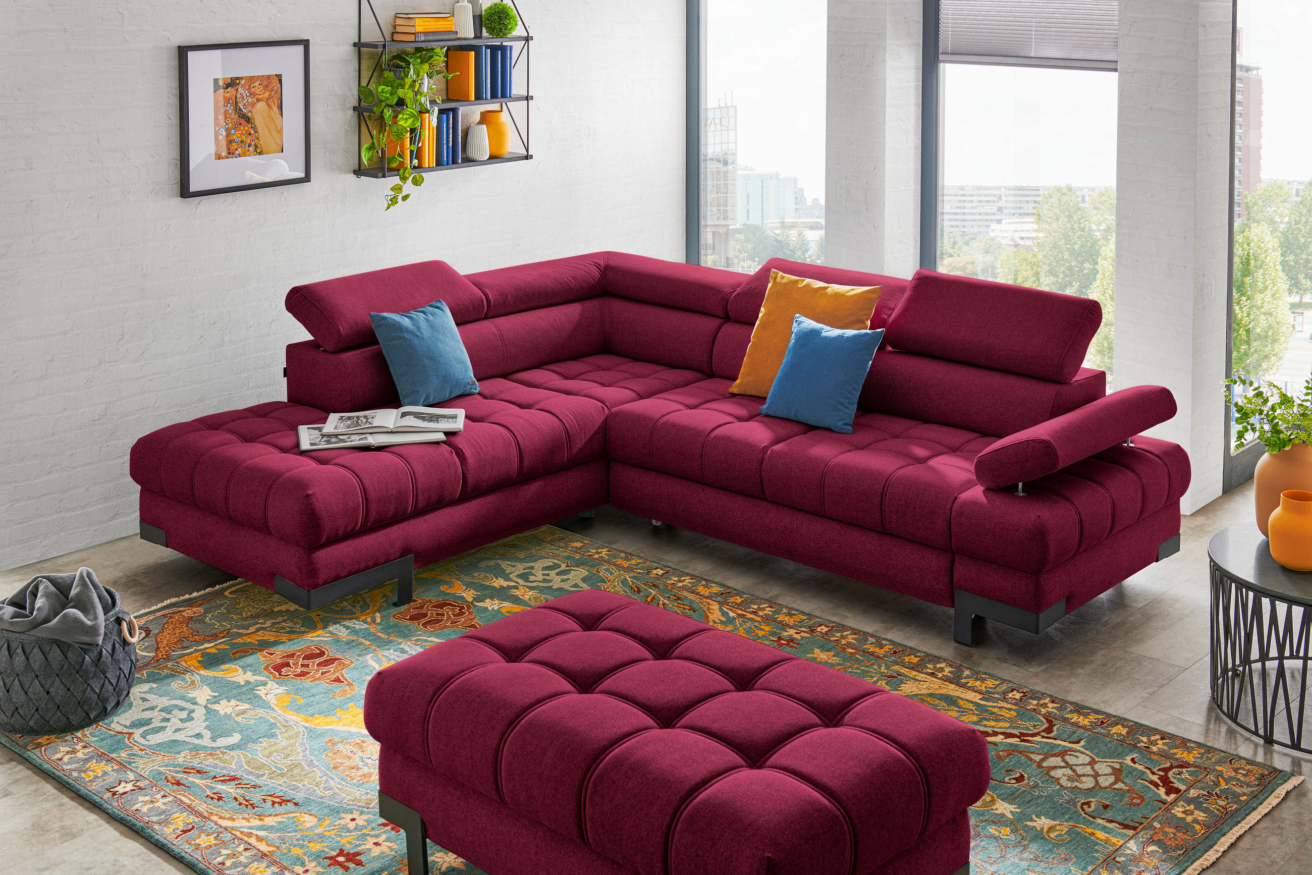 ECKSOFA in Webstoff Rot  - Rot/Schwarz, Design, Textil/Metall (223/263cm) - Welnova