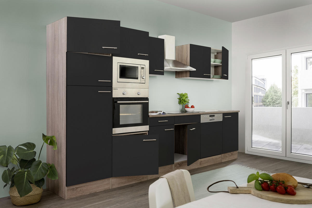 KÜCHENBLOCK 340 cm   in Schwarz, Eichefarben  - Edelstahlfarben/Eichefarben, Design, Holzwerkstoff/Metall (340cm) - Respekta