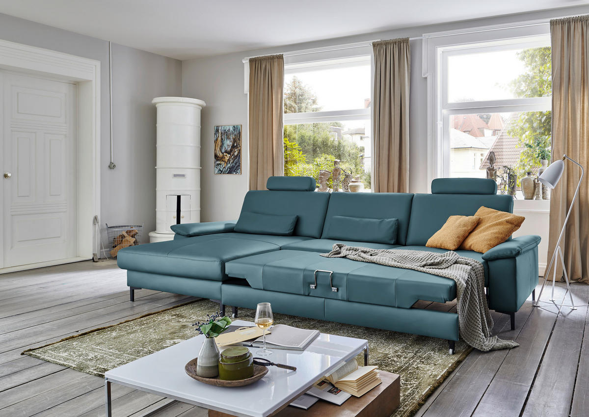 ECKSOFA Echtleder Blau  - Blau/Schwarz, Design, Leder/Metall (176/334cm) - Dieter Knoll