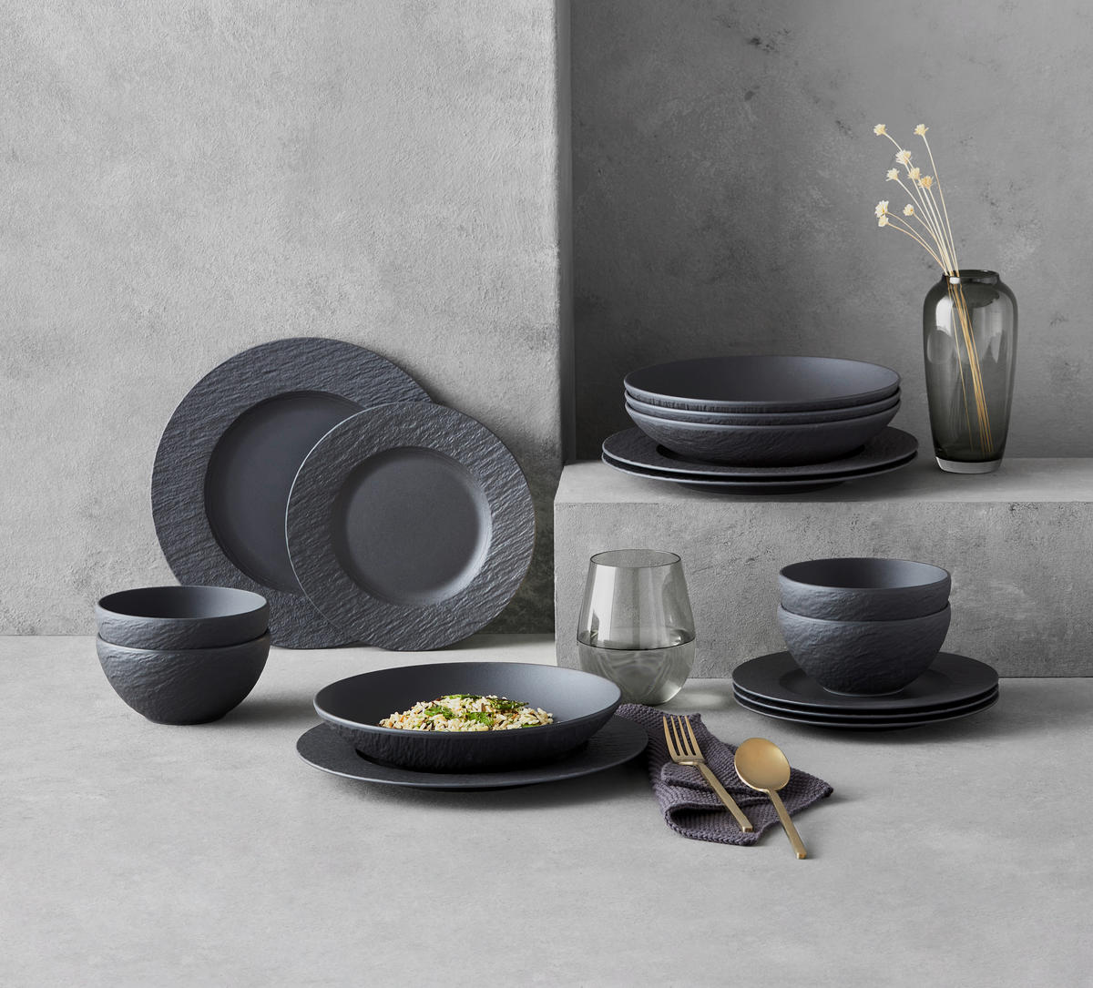 TAFELSERVICE Schwarz 16-teilig Manufacture Rock  - Schwarz, Design, Keramik - Villeroy & Boch