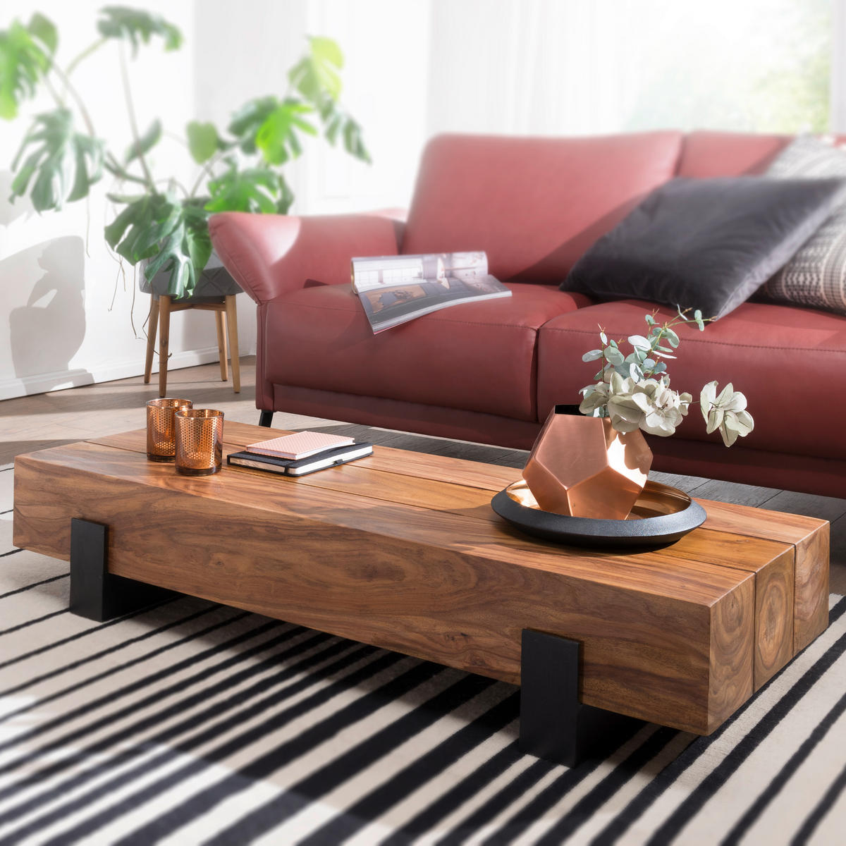 COUCHTISCH Sheesham massiv 115/44/22 cm rechteckig Sheeshamfarben  - Sheeshamfarben/Schwarz, Design, Holz/Metall (115/44/22cm) - MID.YOU