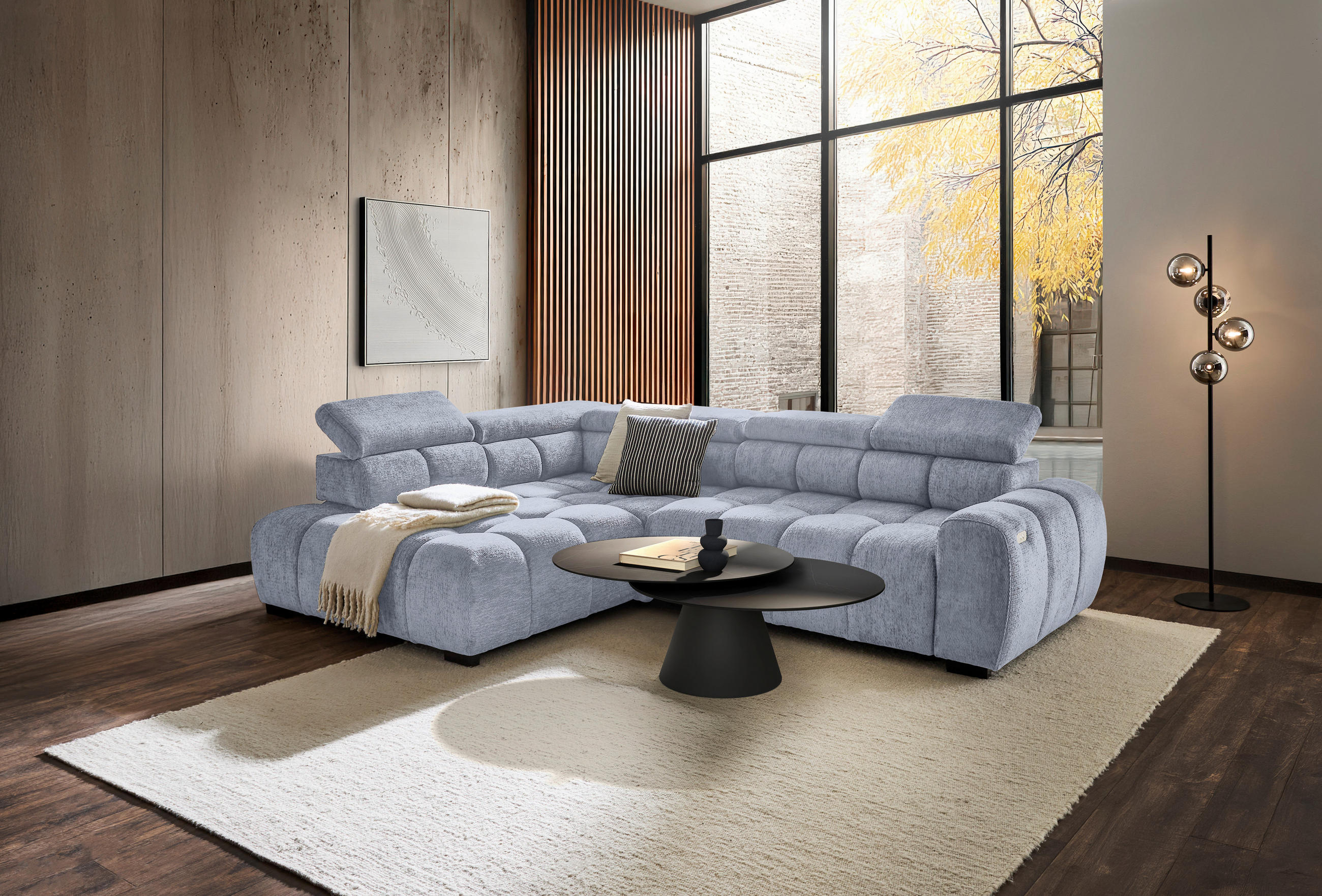 ECKSOFA inkl. Funktionen Grau, Hellblau Webstoff  - Schwarz/Grau, MODERN, Kunststoff/Textil (205/297cm) - Welnova