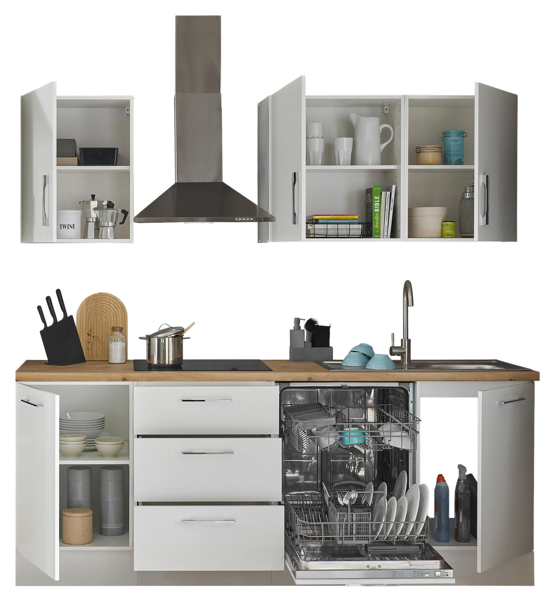 BUCĂTĂRIE FĂRĂ ELECTROCASNICE - alb/culoare crom, Trend, metal/material pe bază de lemn (220cm) - MID.YOU