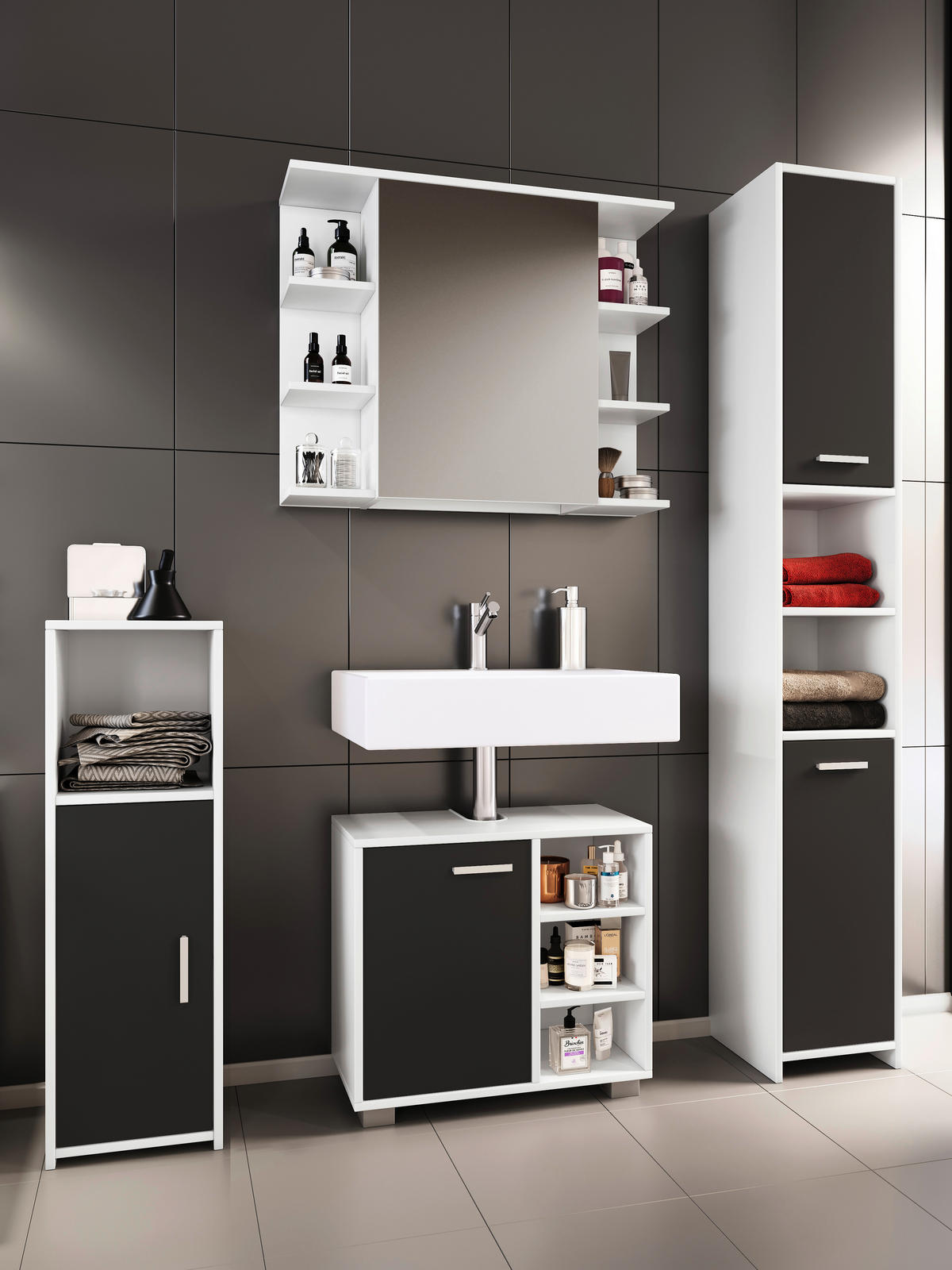 BADEZIMMER 4-teilig  in 120 cm  - Schwarz/Weiß, MODERN, Holzwerkstoff (120cm) - MID.YOU