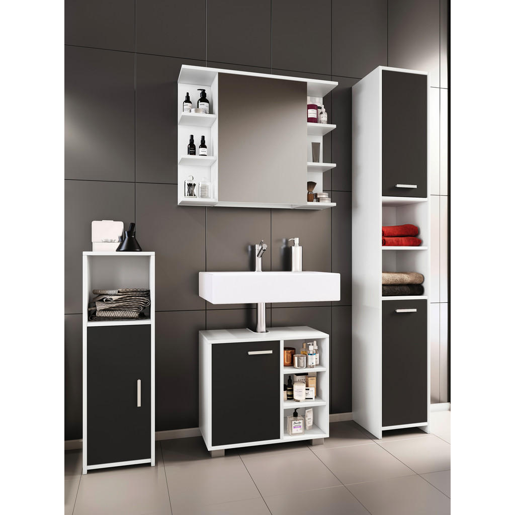 Thumbnail - Mid.you Badezimmer VCM Zalo M, Schwarz, Weiß, Holzwerkstoff, 4-teilig, 120 cm, stehend, Spiegel mit Ablage, Badezimmer, ...