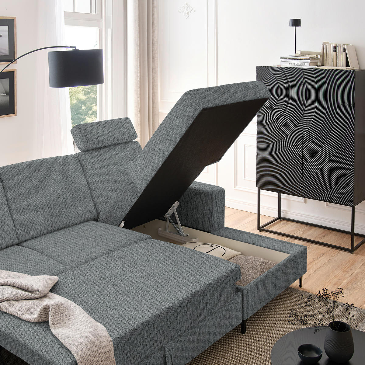 ECKSOFA in Webstoff Dunkelgrau  - Dunkelgrau/Schwarz, Konventionell, Textil/Metall (247/167cm) - Stylife