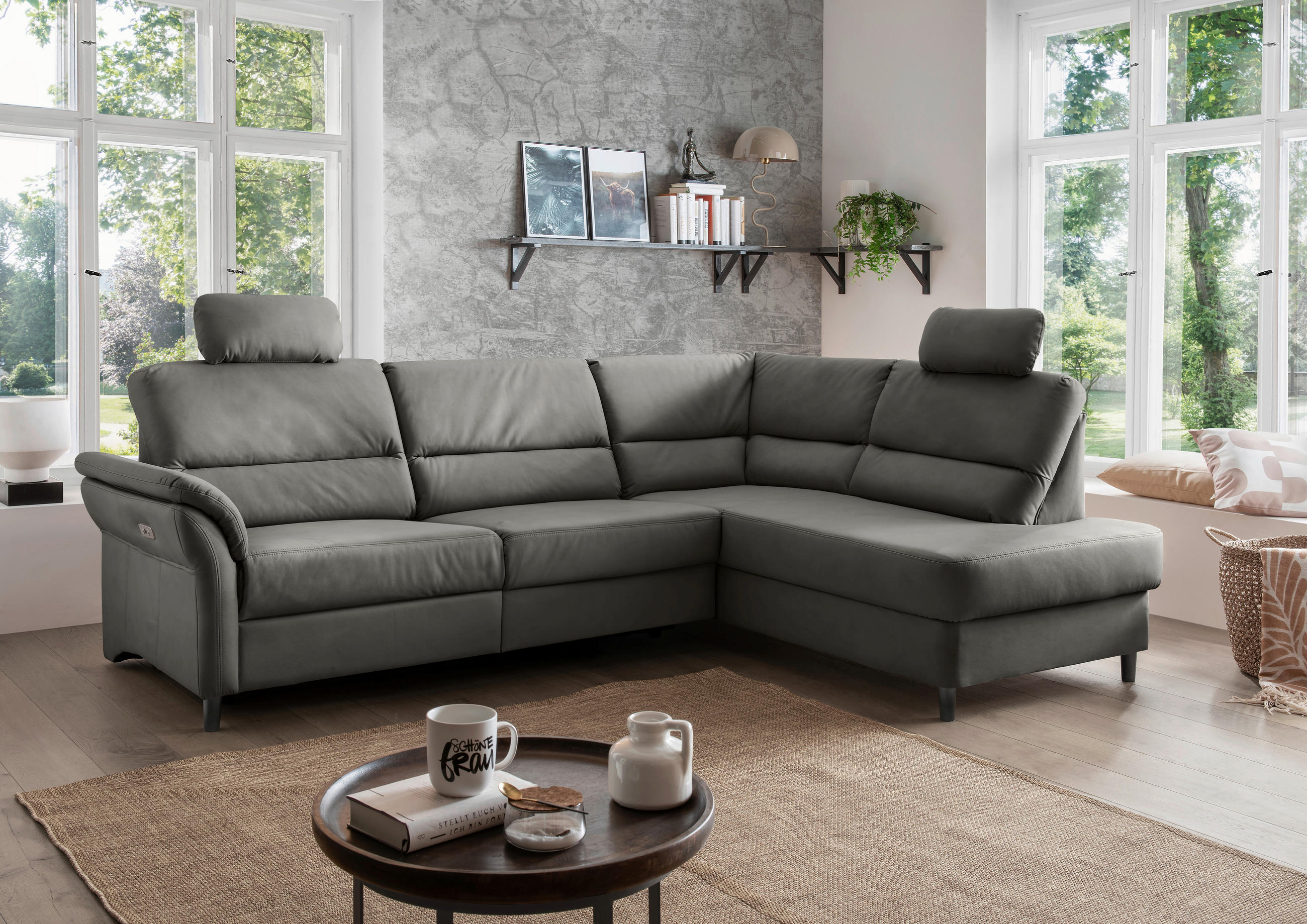 ECKSOFA Grau Lederlook  - Schwarz/Grau, MODERN, Holz/Textil (266/190cm) - Livetastic