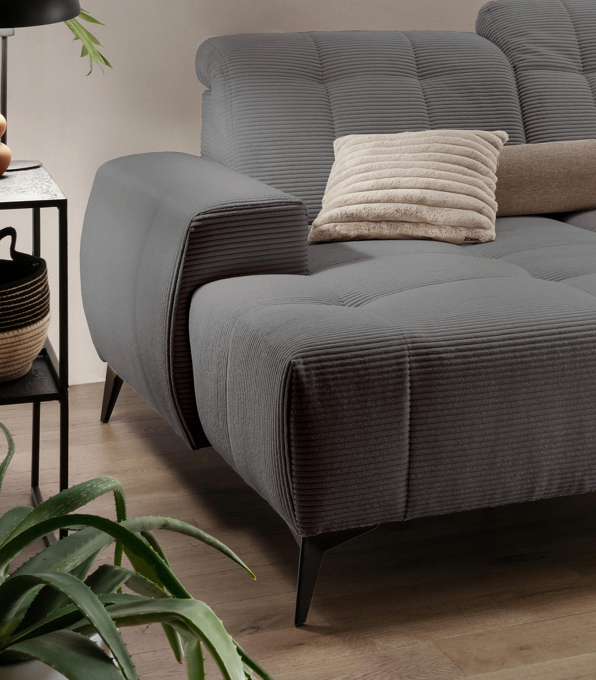 WOHNLANDSCHAFT SANO Grau Cord  - Schwarz/Grau, MODERN, Textil/Metall (180/337/200cm) - Livetastic
