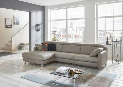 ECKSOFA Grau Echtleder - Chromfarben/Grau, Design, Leder/Metall (176/291cm) - Valdera