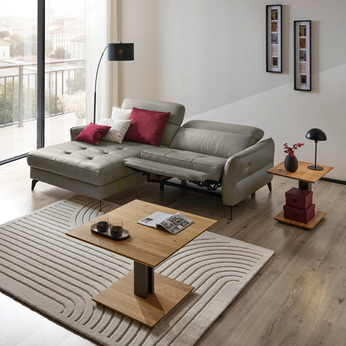 ECKSOFA inkl. Funktionen Grau Echtleder  - Schwarz/Grau, Design, Leder/Metall (175/246cm) - Celina Home