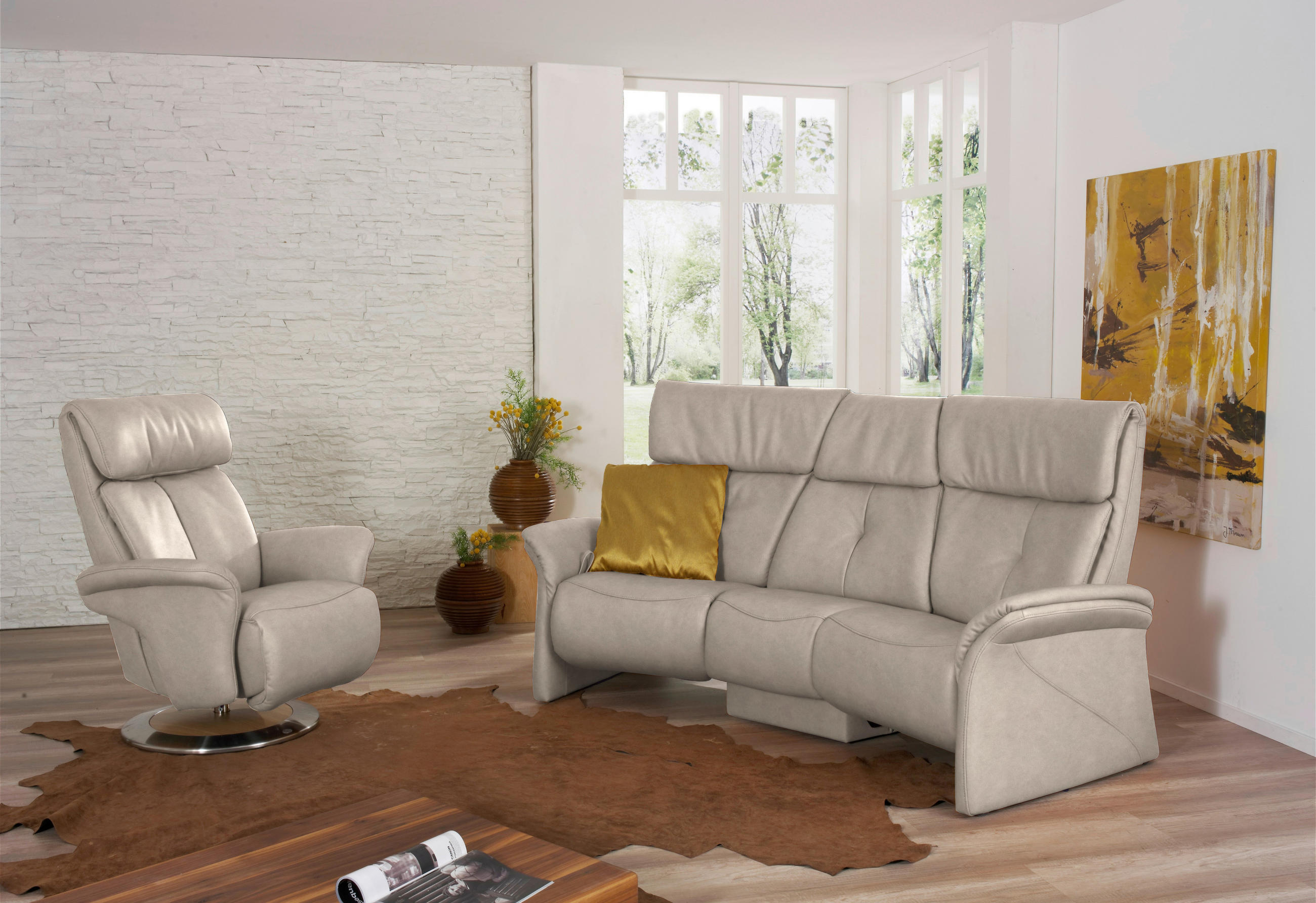 TRAPEZSOFA in Echtleder Hellbraun  - Hellbraun/Naturfarben, KONVENTIONELL, Leder/Holz (208/103/105cm) - Himolla Komfortklass